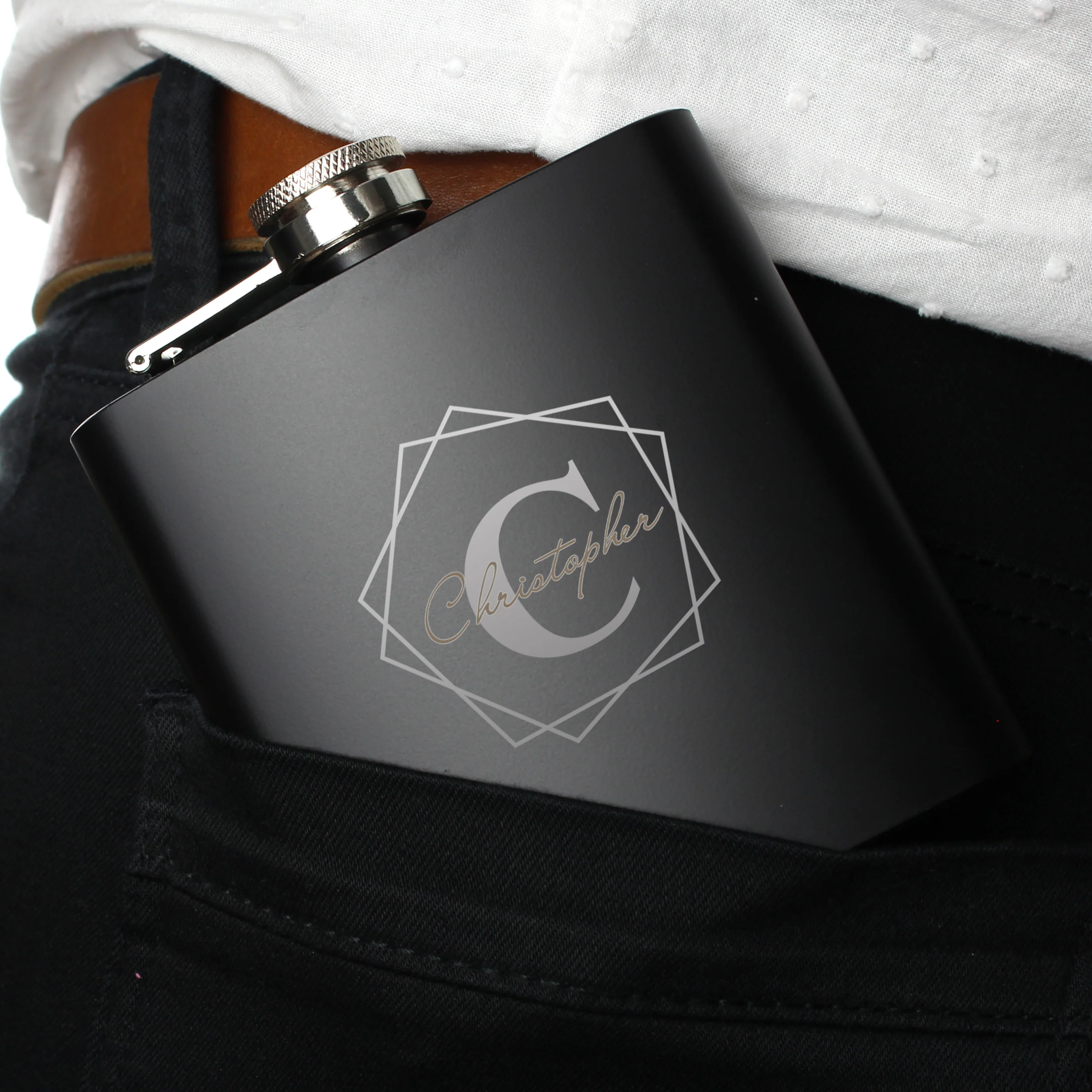 Personalised Geometric Initial Black Hip Flask - Image 6