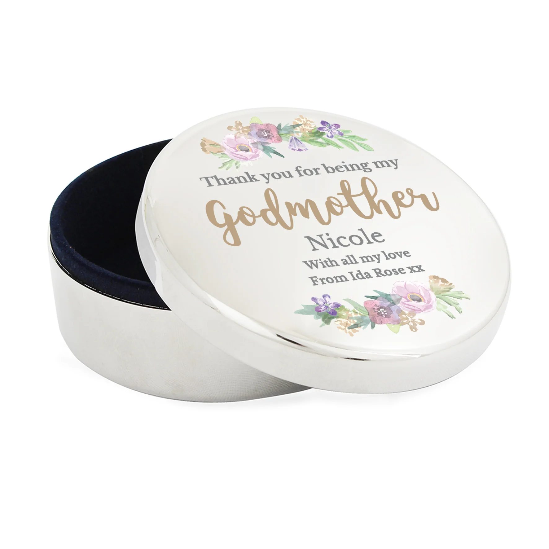 Personalised Godmother 'Floral Watercolour' Round Trinket Box - Image 2