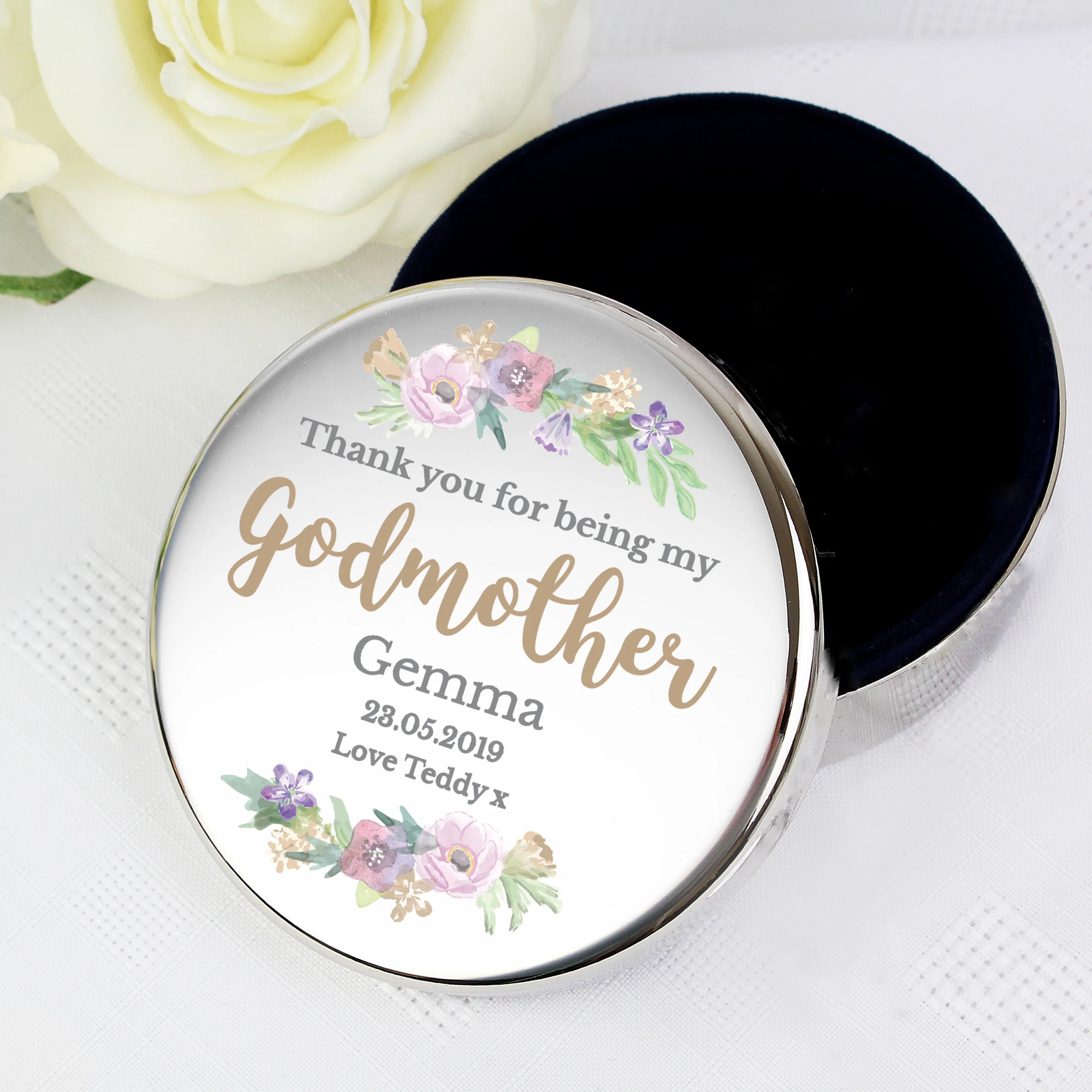 Personalised Godmother 'Floral Watercolour' Round Trinket Box - Image 3