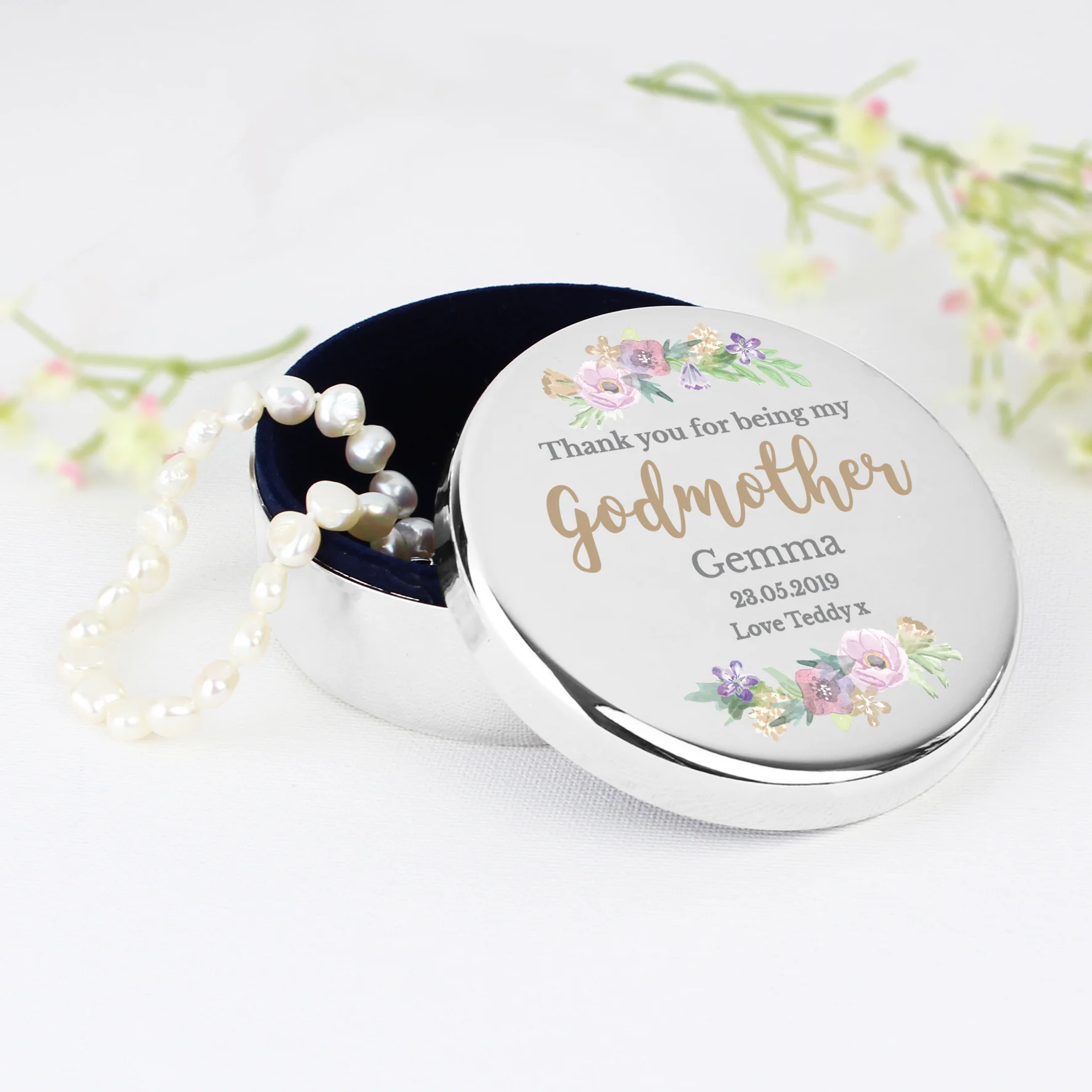 Personalised Godmother 'Floral Watercolour' Round Trinket Box - Image 5
