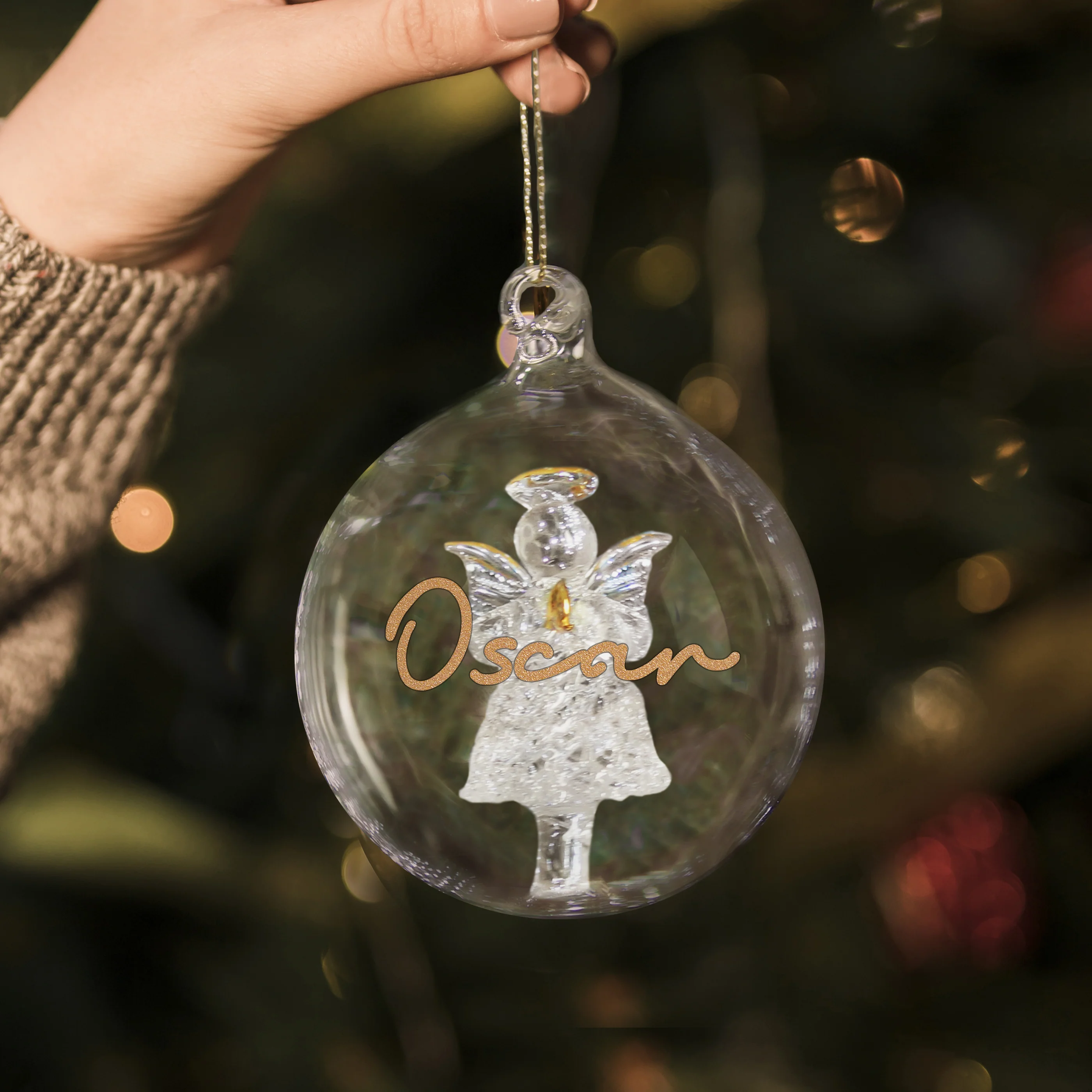 Personalised Gold Glitter Name Only Angel Glass Bauble - Image 2