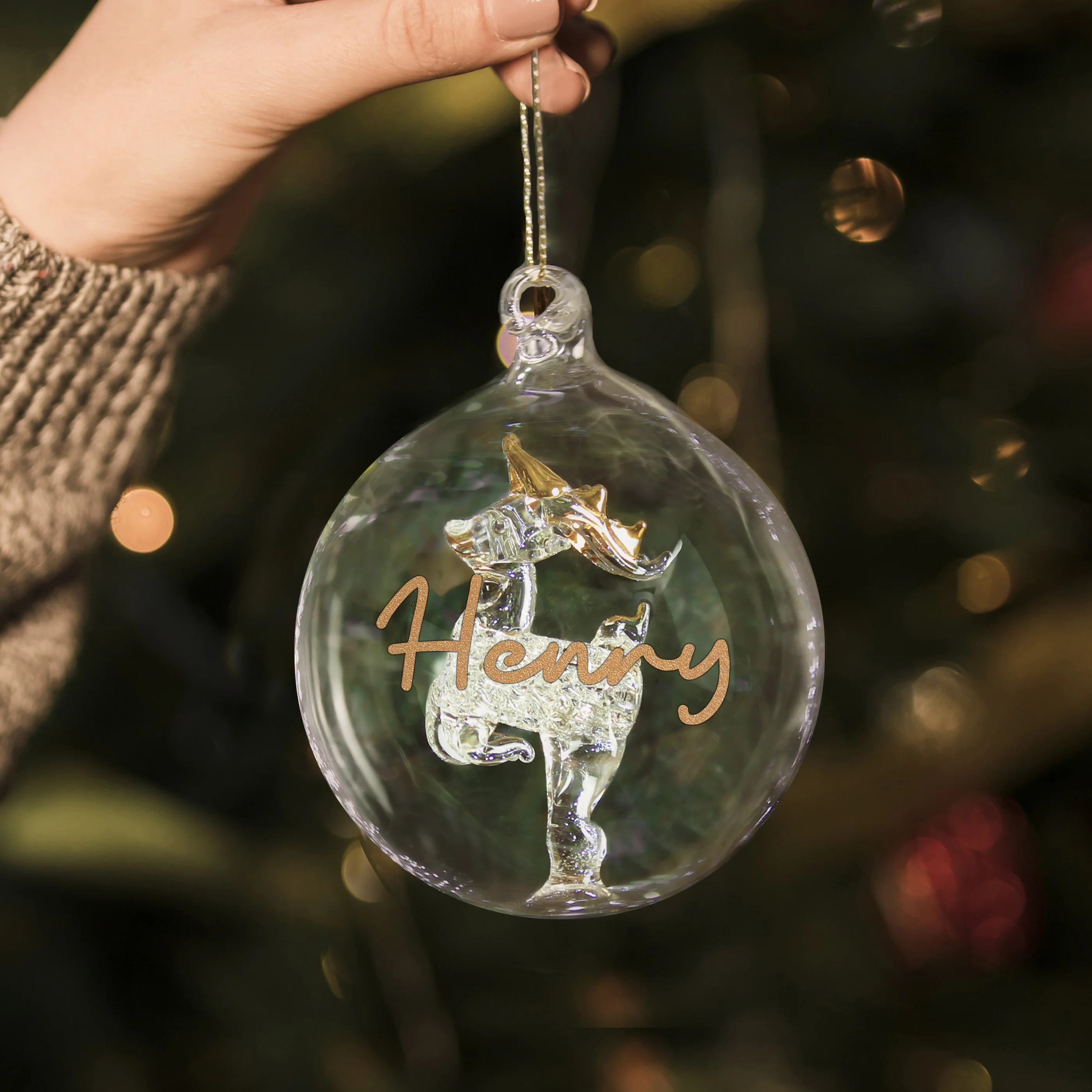 Personalised Gold Glitter Name Only Reindeer Glass Bauble - Image 2