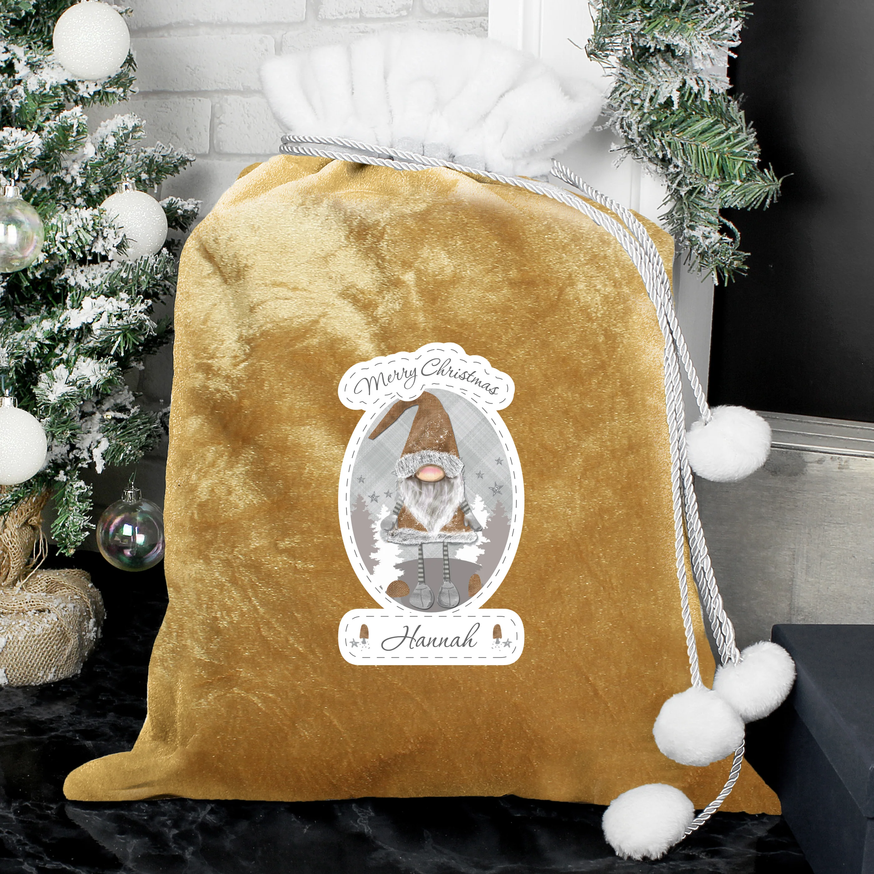Personalised Gonk Luxury Pom Pom Gold Sack - Image 2