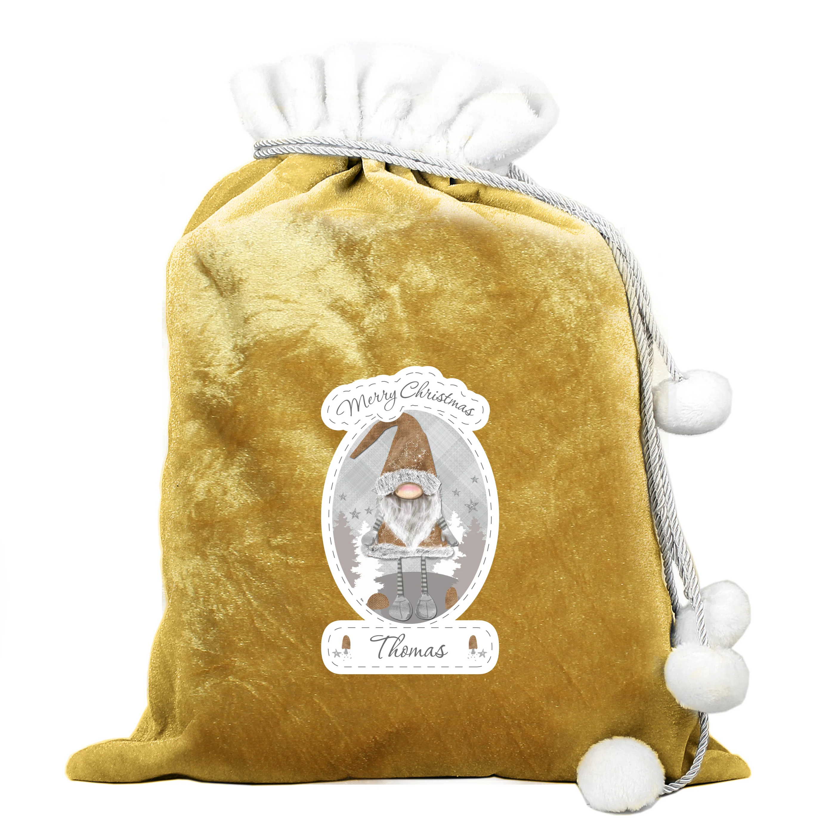 Personalised Gonk Luxury Pom Pom Gold Sack - Image 4