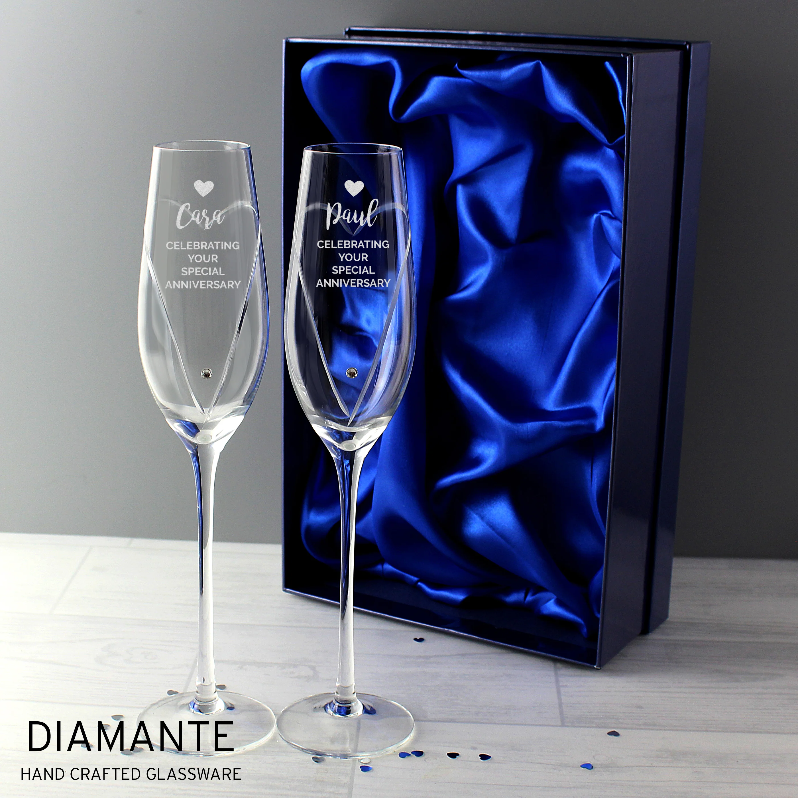 Personalised Hand Cut Heart Celebration Pair of Flutes with Gift Box - Image 8