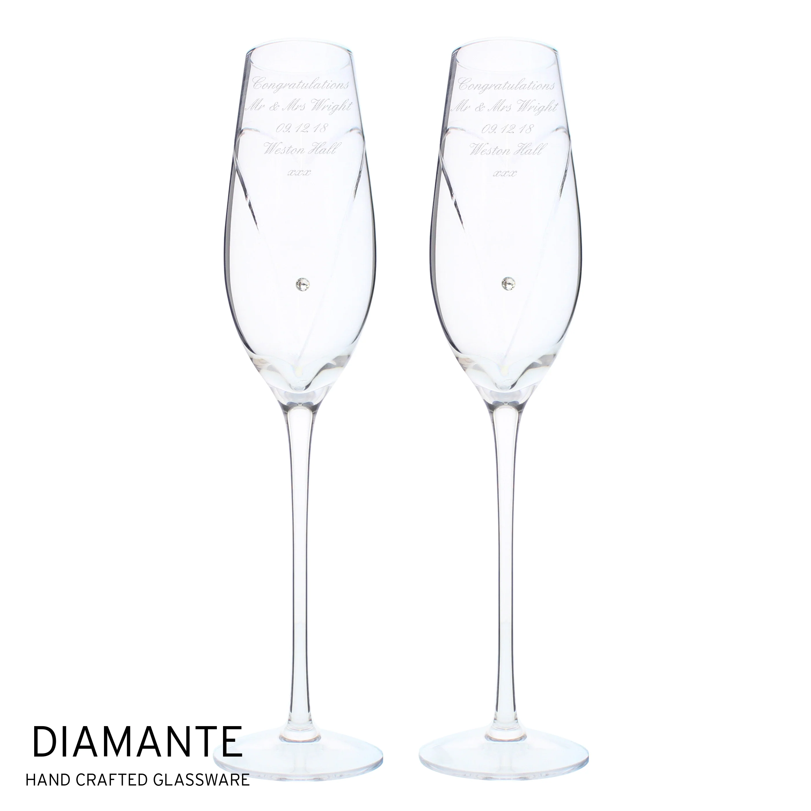 Personalised Hand Cut Heart Pair of Flutes with Gift Box - Image 2