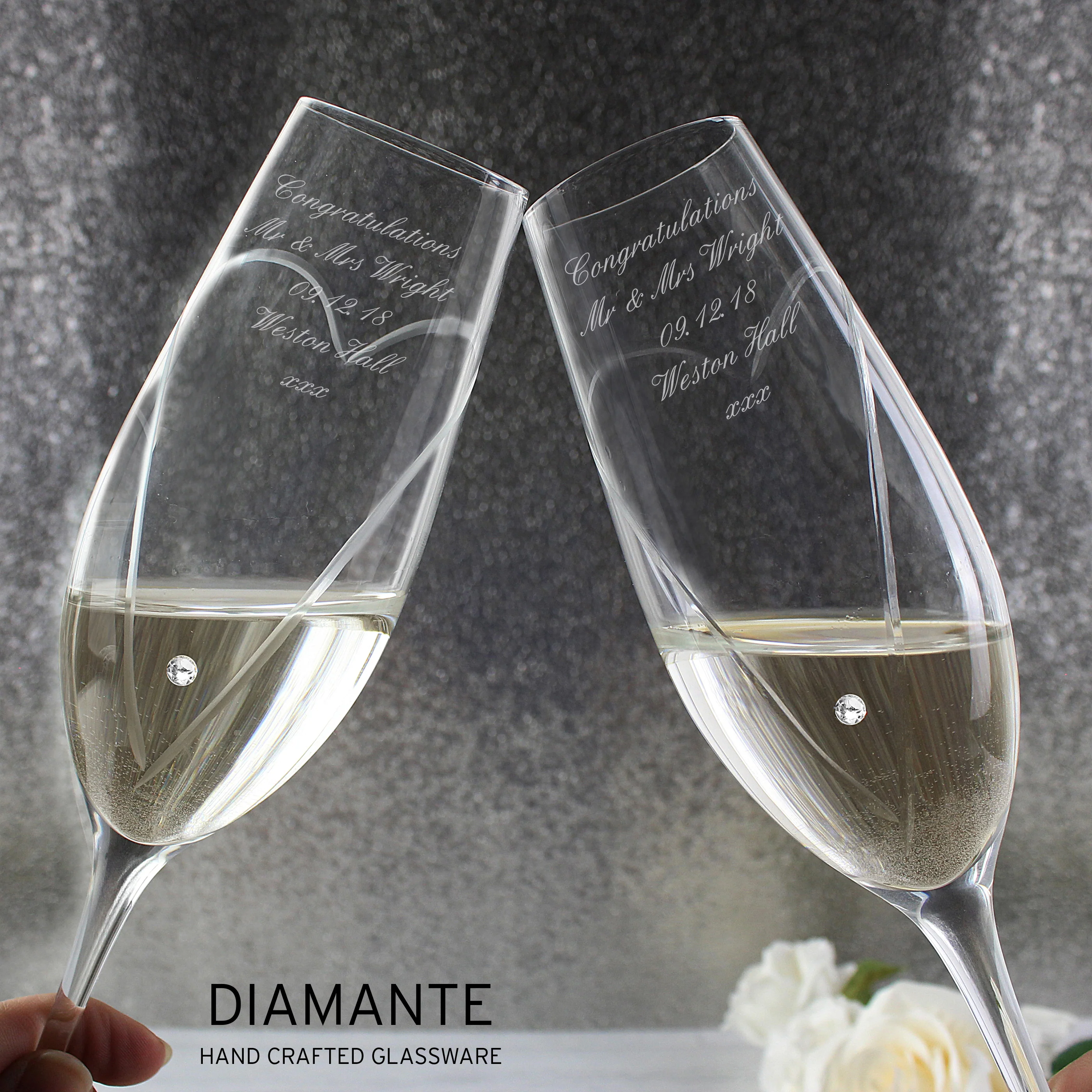 Personalised Hand Cut Heart Pair of Flutes with Gift Box - Image 4
