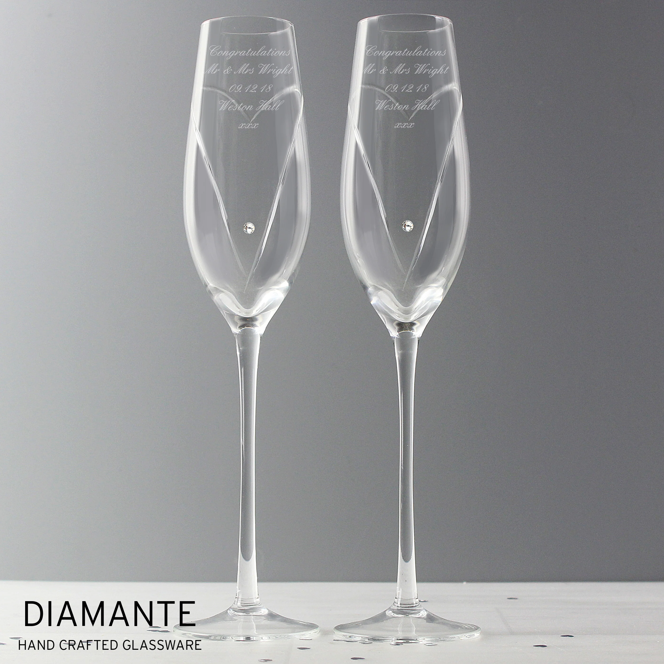 Personalised Hand Cut Heart Pair of Flutes with Gift Box - Image 6