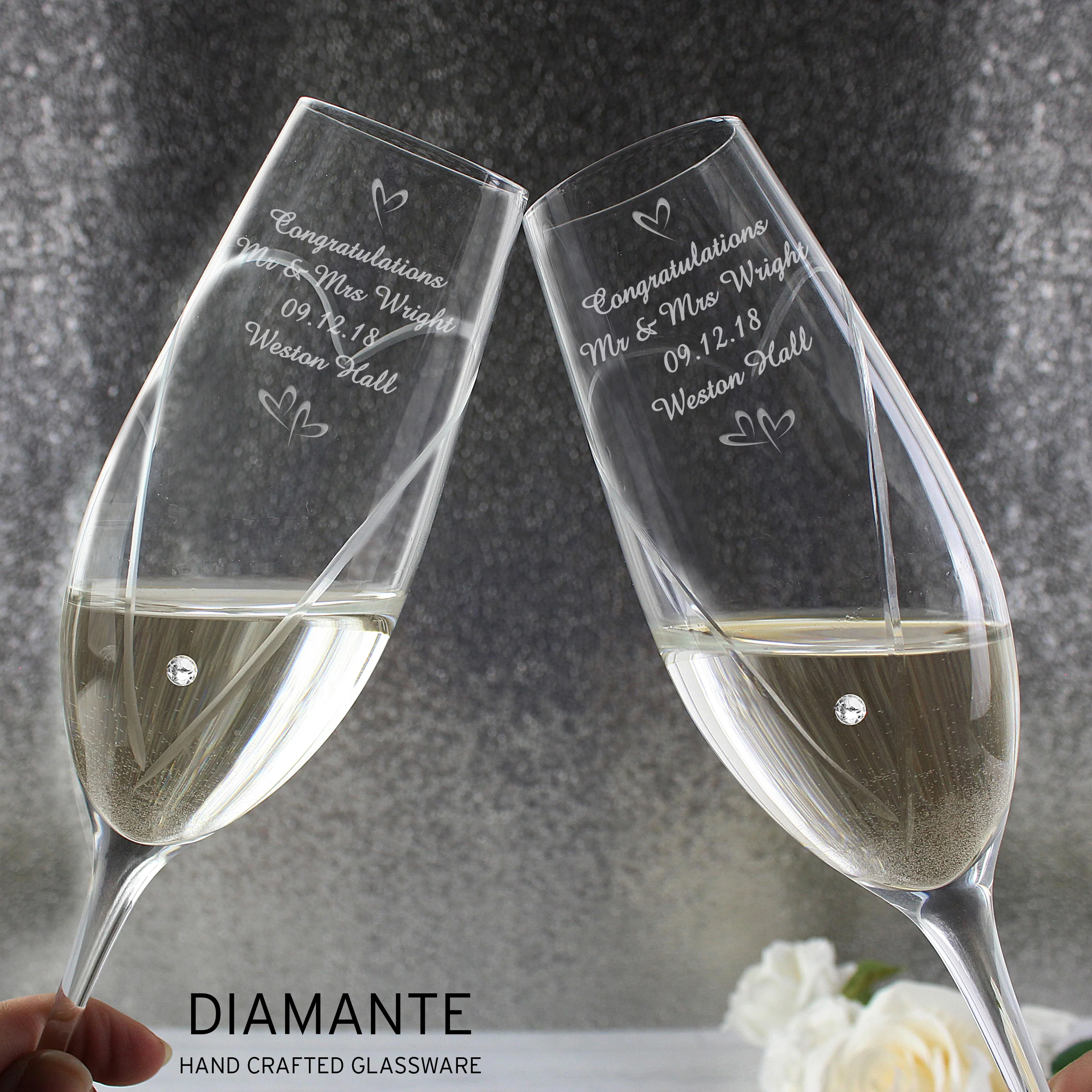 Personalised Hand Cut Little Hearts Pair of Flutes with Gift Box - Image 3