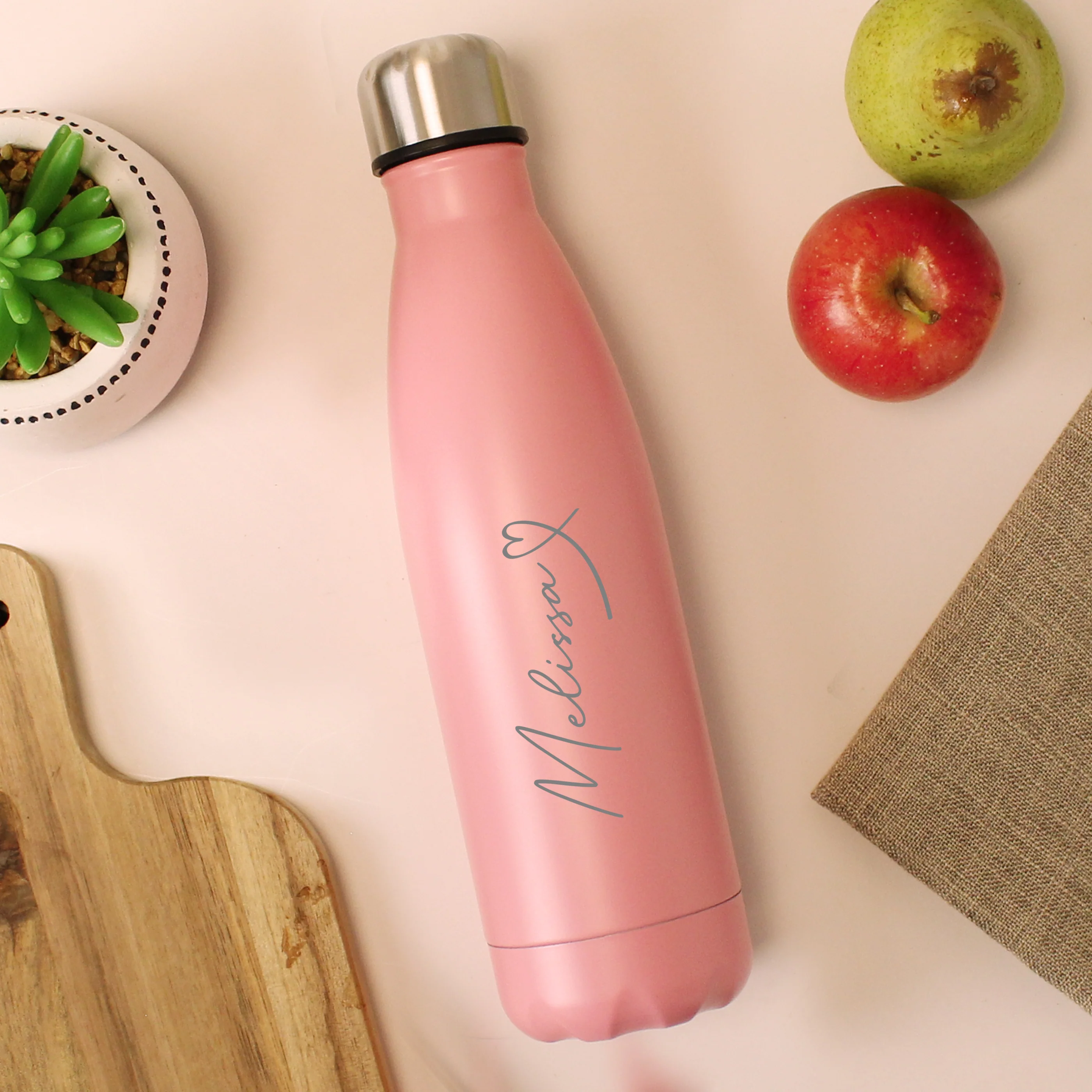 Personalised Heart Pink Metal Insulated Drinks Bottle - Image 2