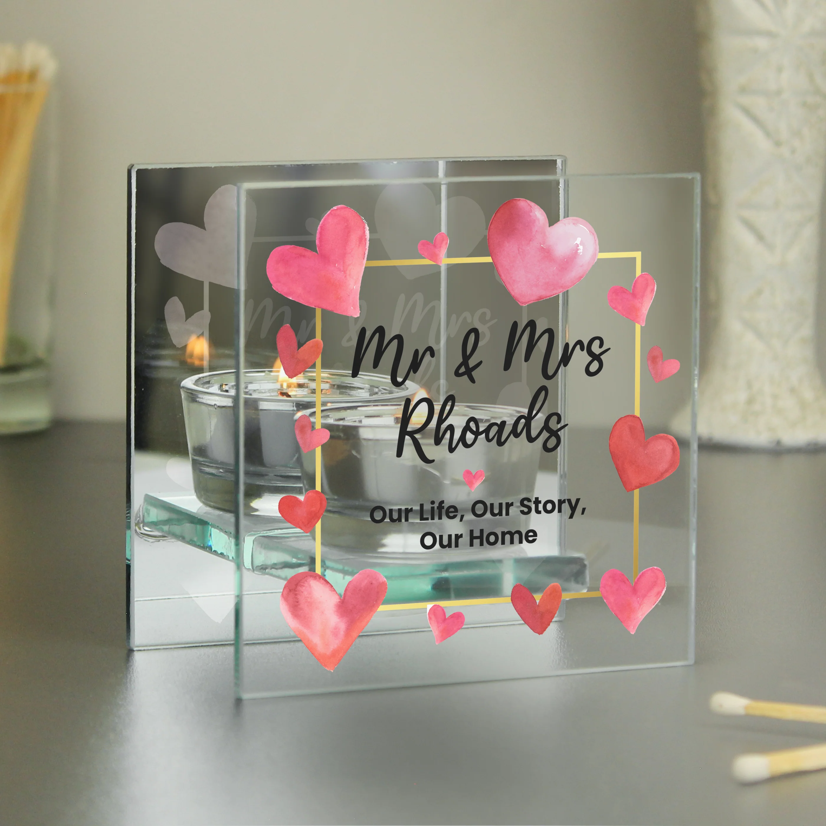 Personalised Hearts Mirrored Glass Tealight Holder - Image 2