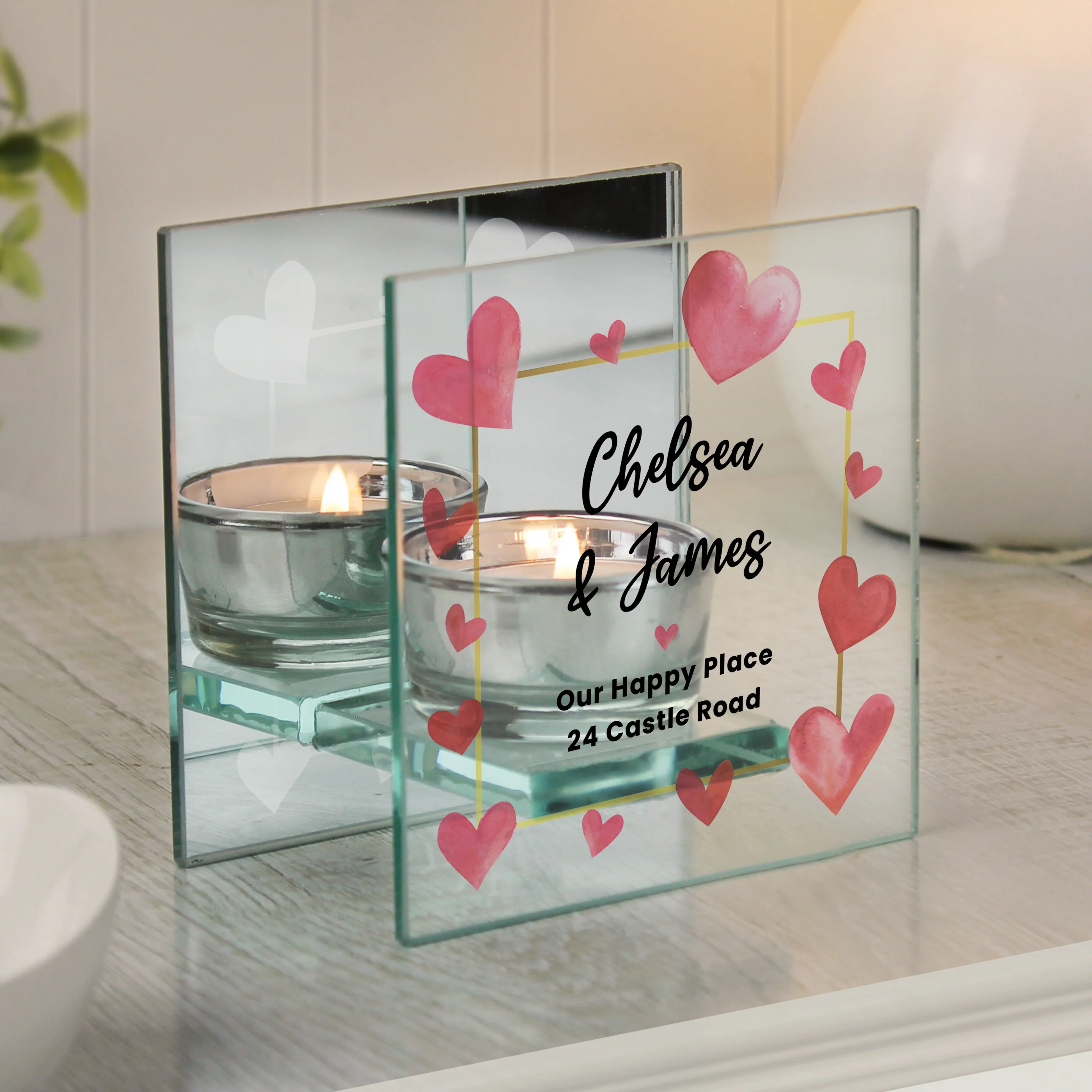 Personalised Hearts Mirrored Glass Tealight Holder - Image 3