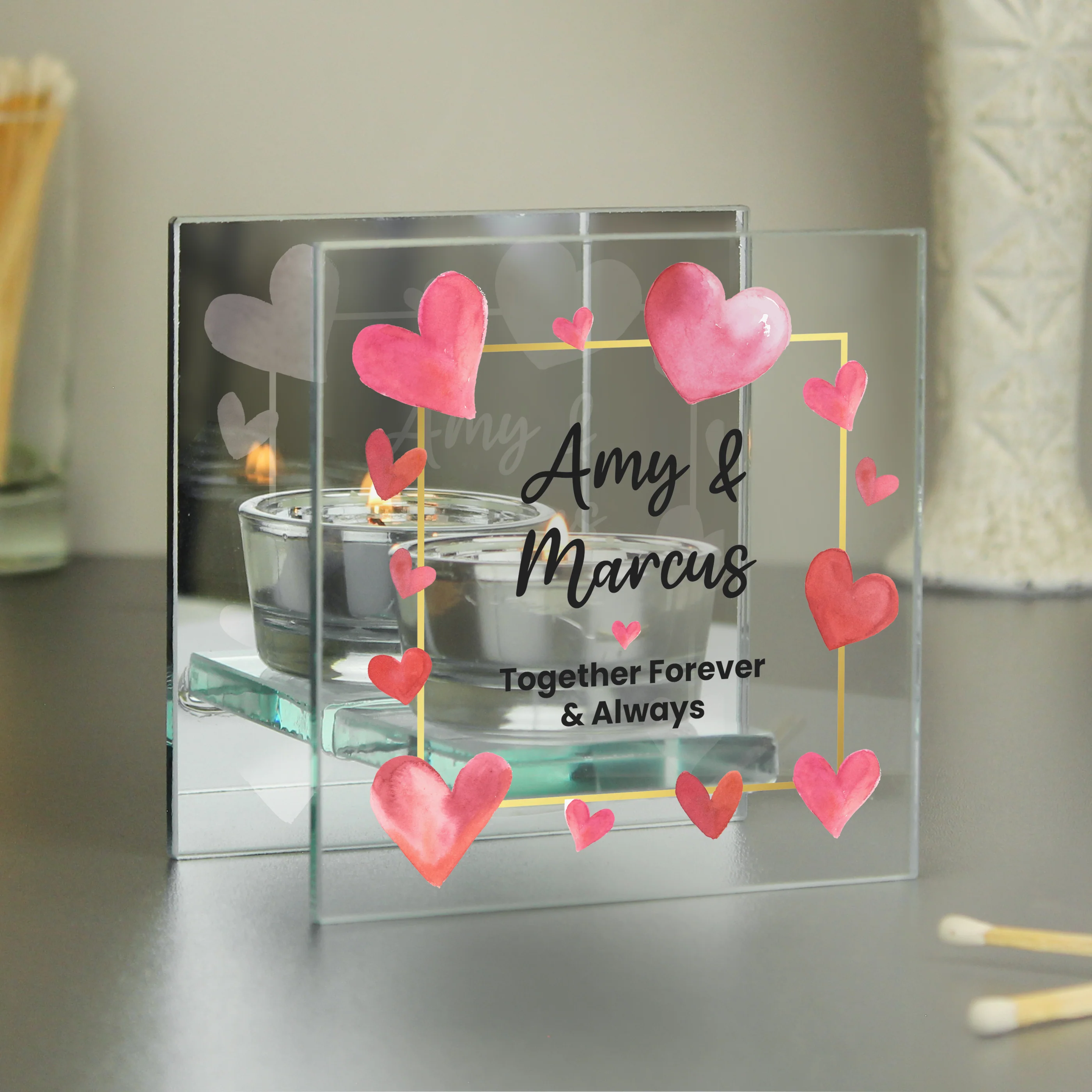 Personalised Hearts Mirrored Glass Tealight Holder - Image 4