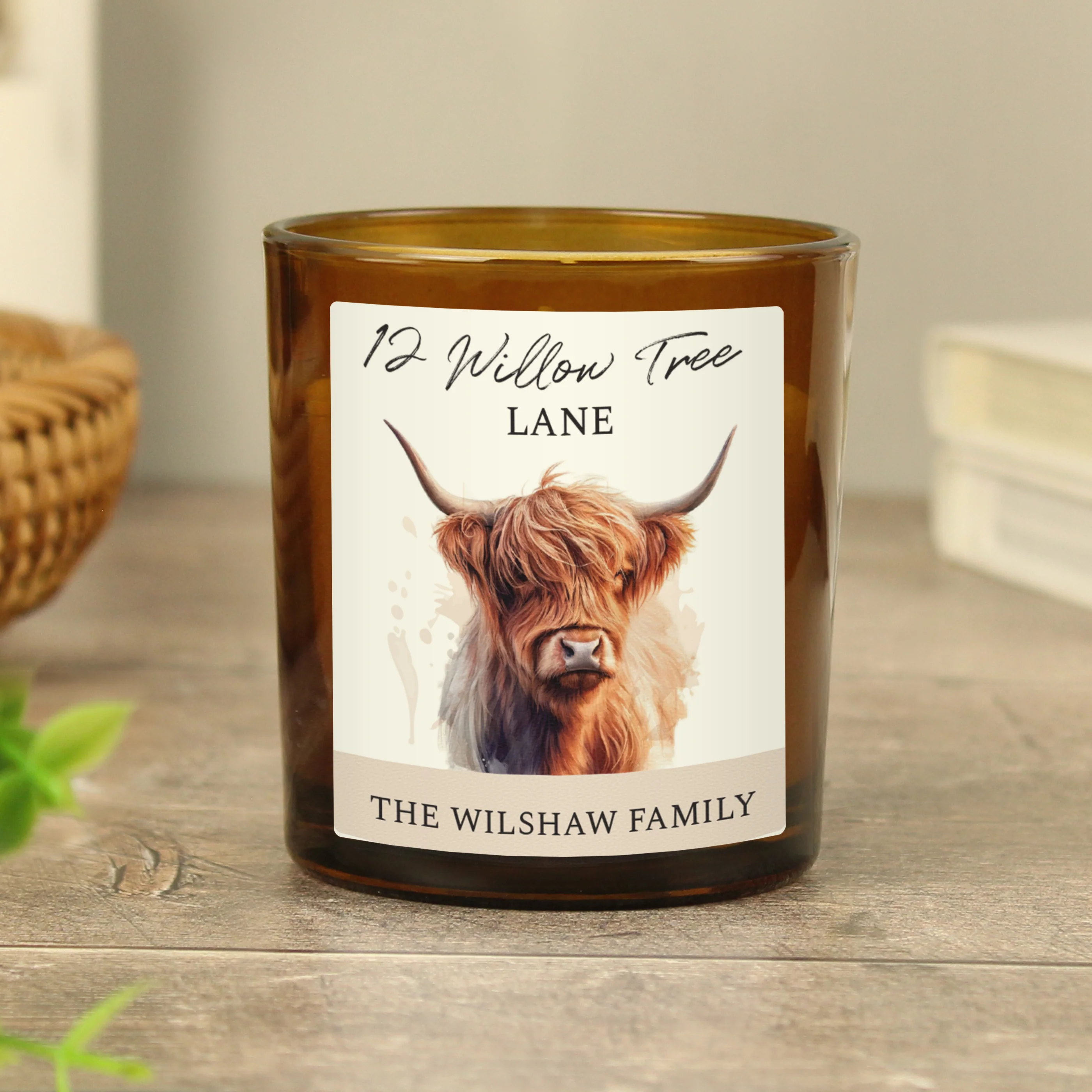Personalised Highland Cow Amber Glass Candle - Image 2