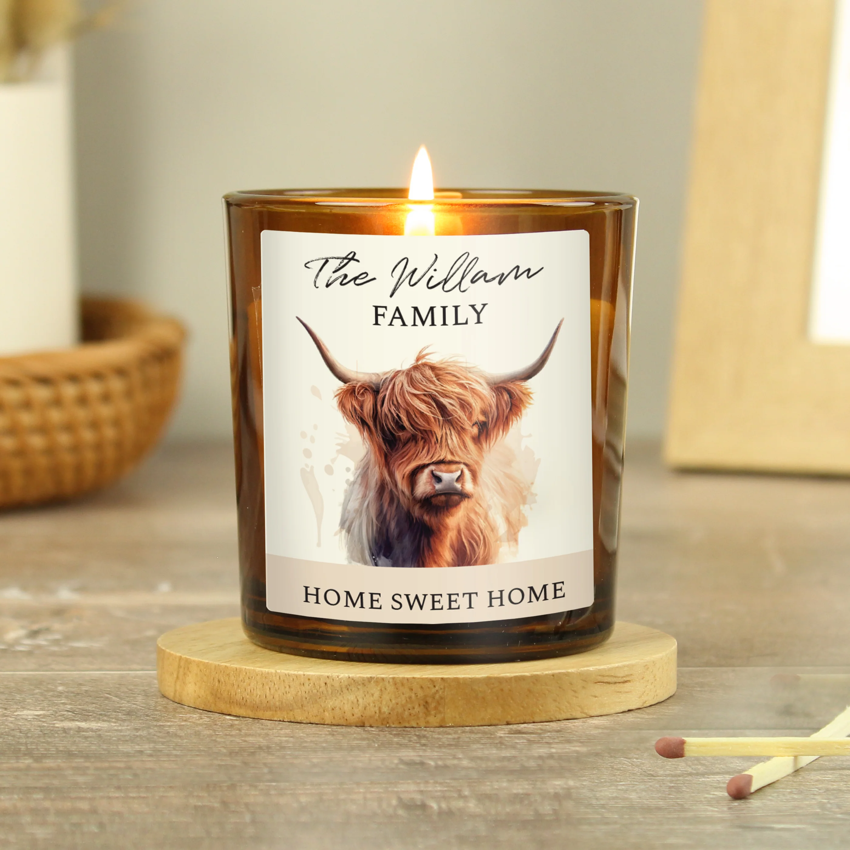 Personalised Highland Cow Amber Glass Candle - Image 3