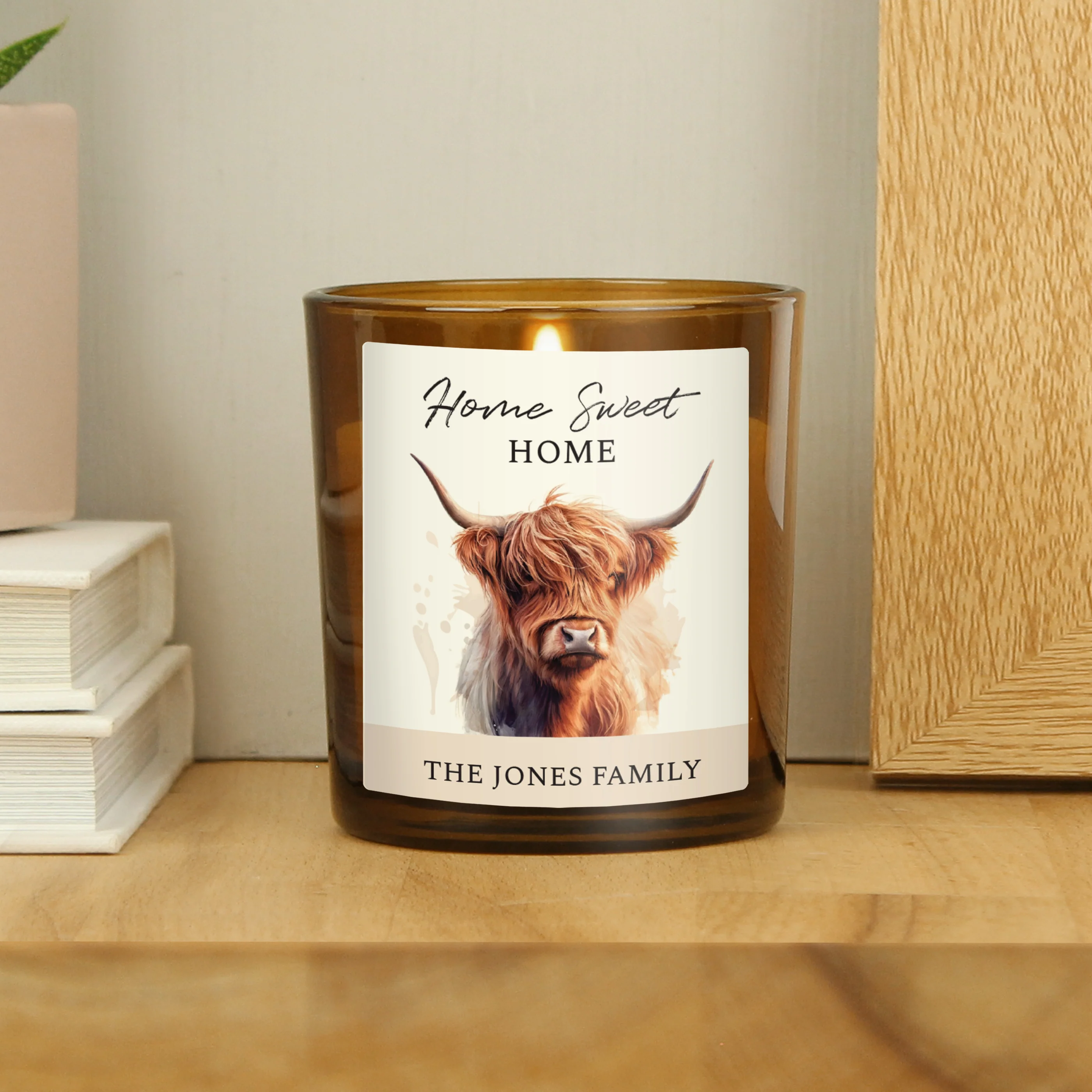 Personalised Highland Cow Amber Glass Candle - Image 4