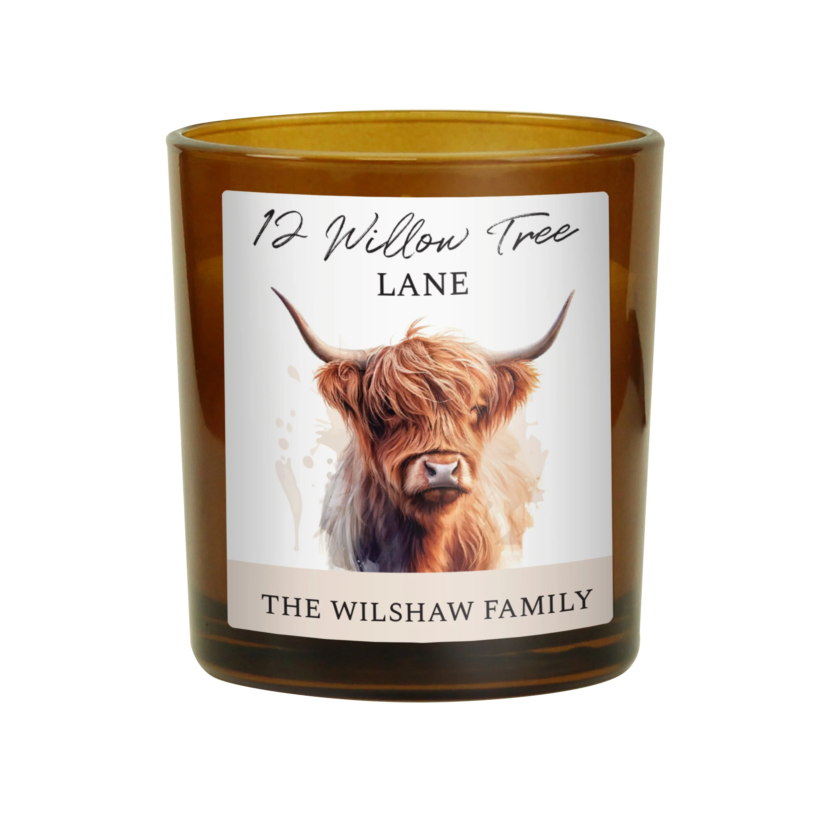 Personalised Highland Cow Amber Glass Candle - Image 5