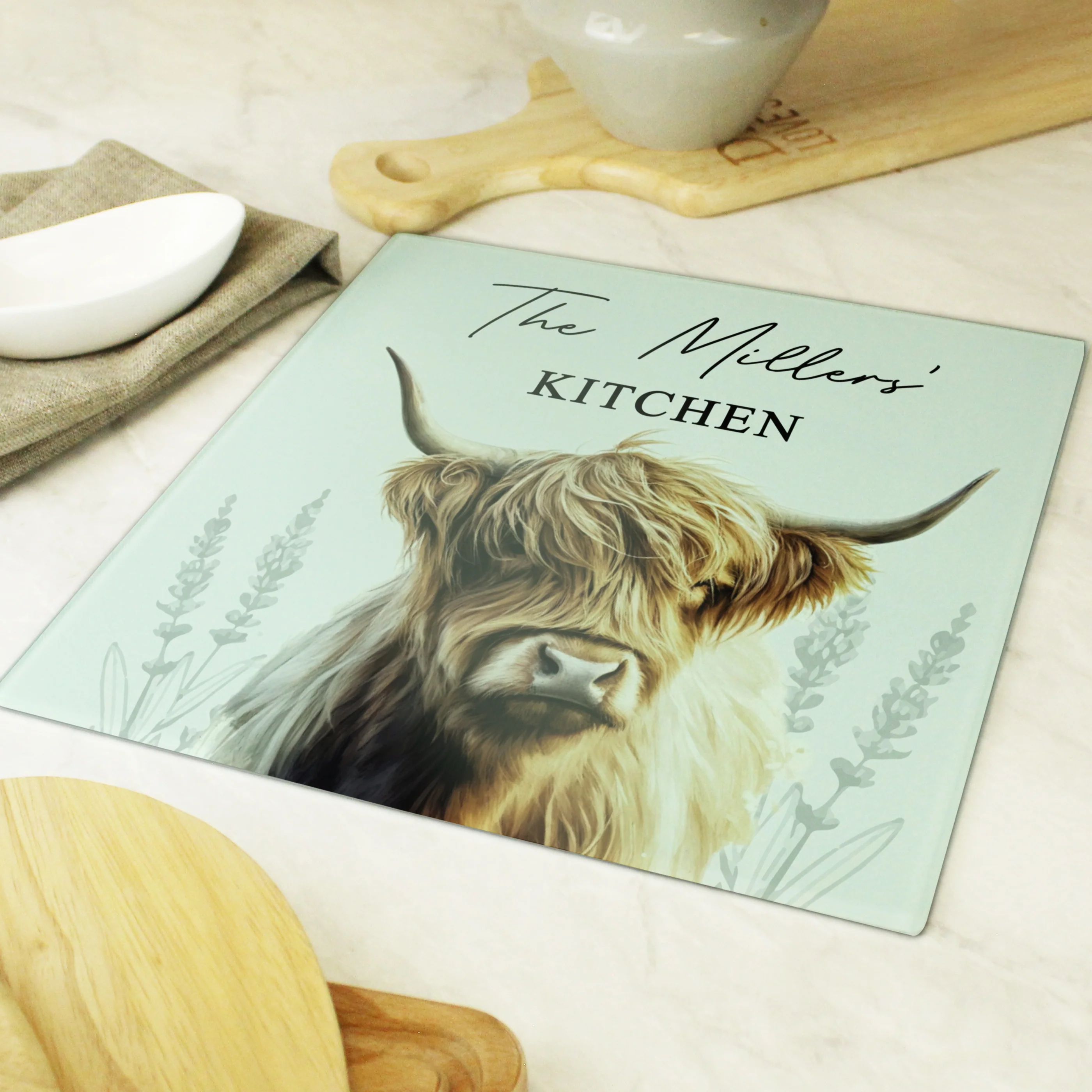 Personalised Highland Cow Glass Chopping Board - Image 4