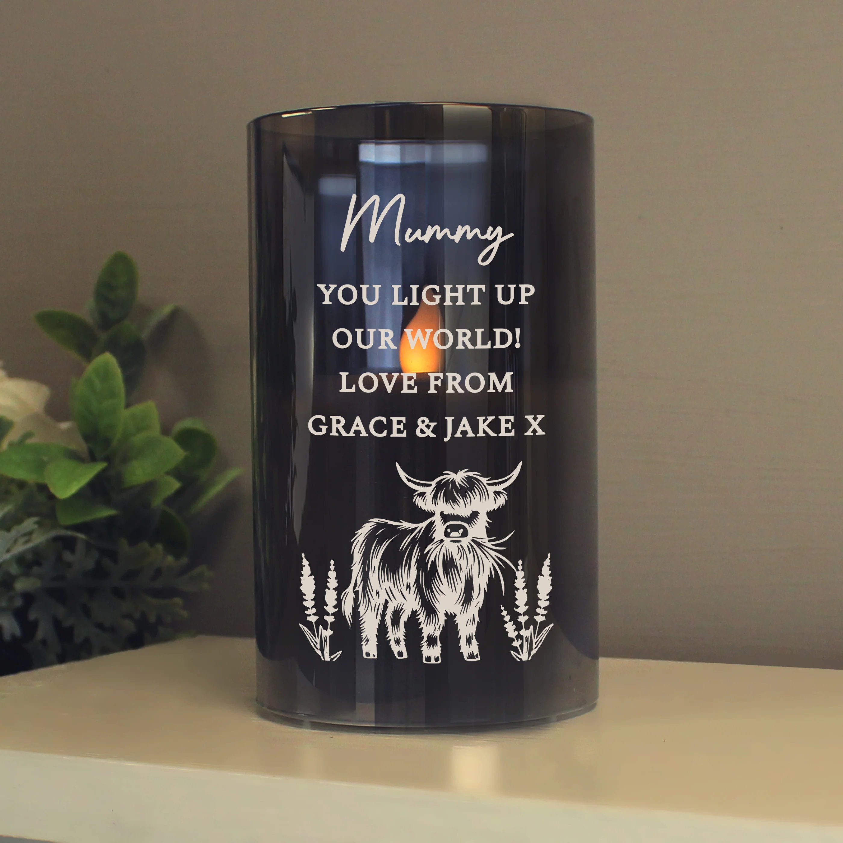Personalised Highland Cow Glass LED Candle - Image 2