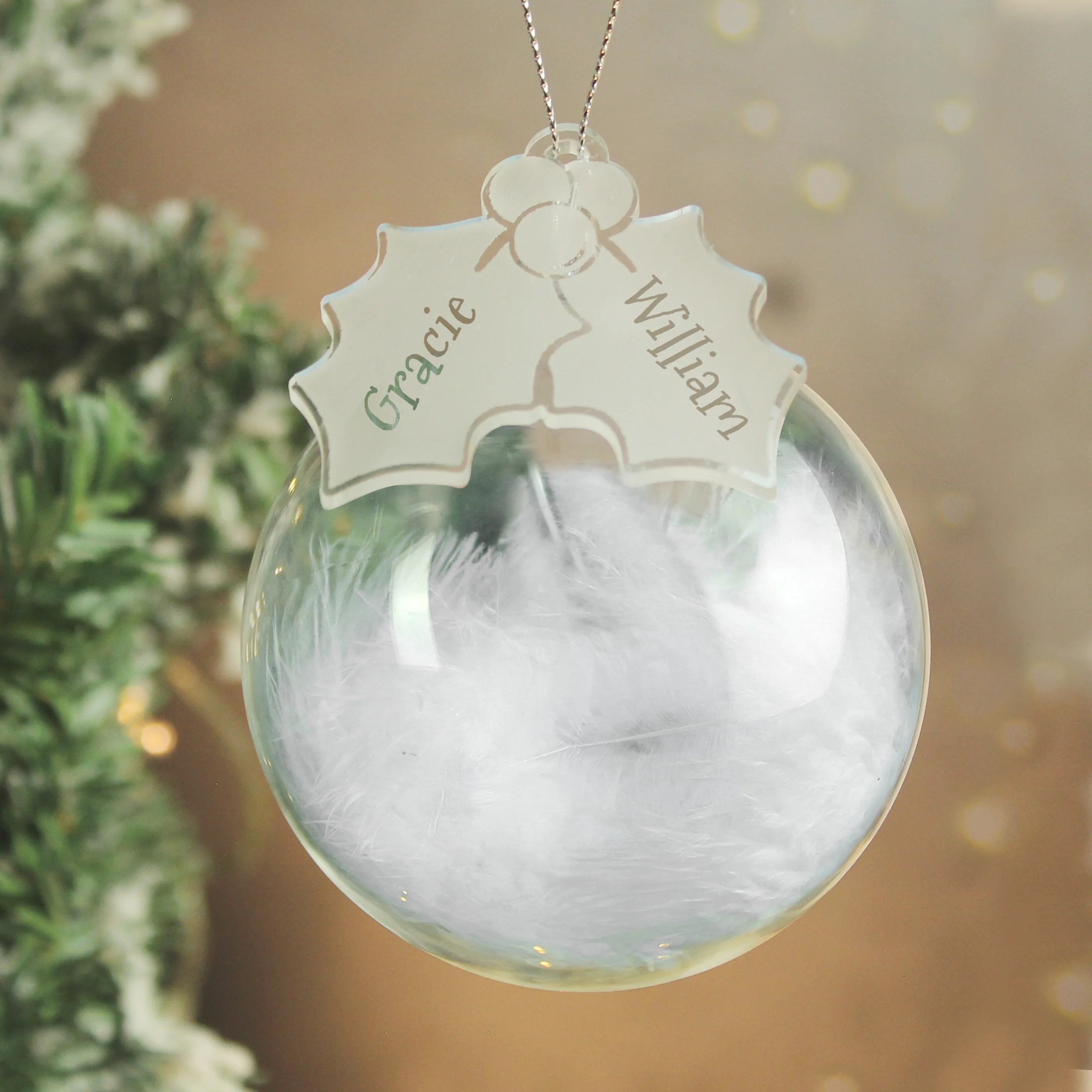 Personalised Holly Acrylic White Feather Bauble - Image 2
