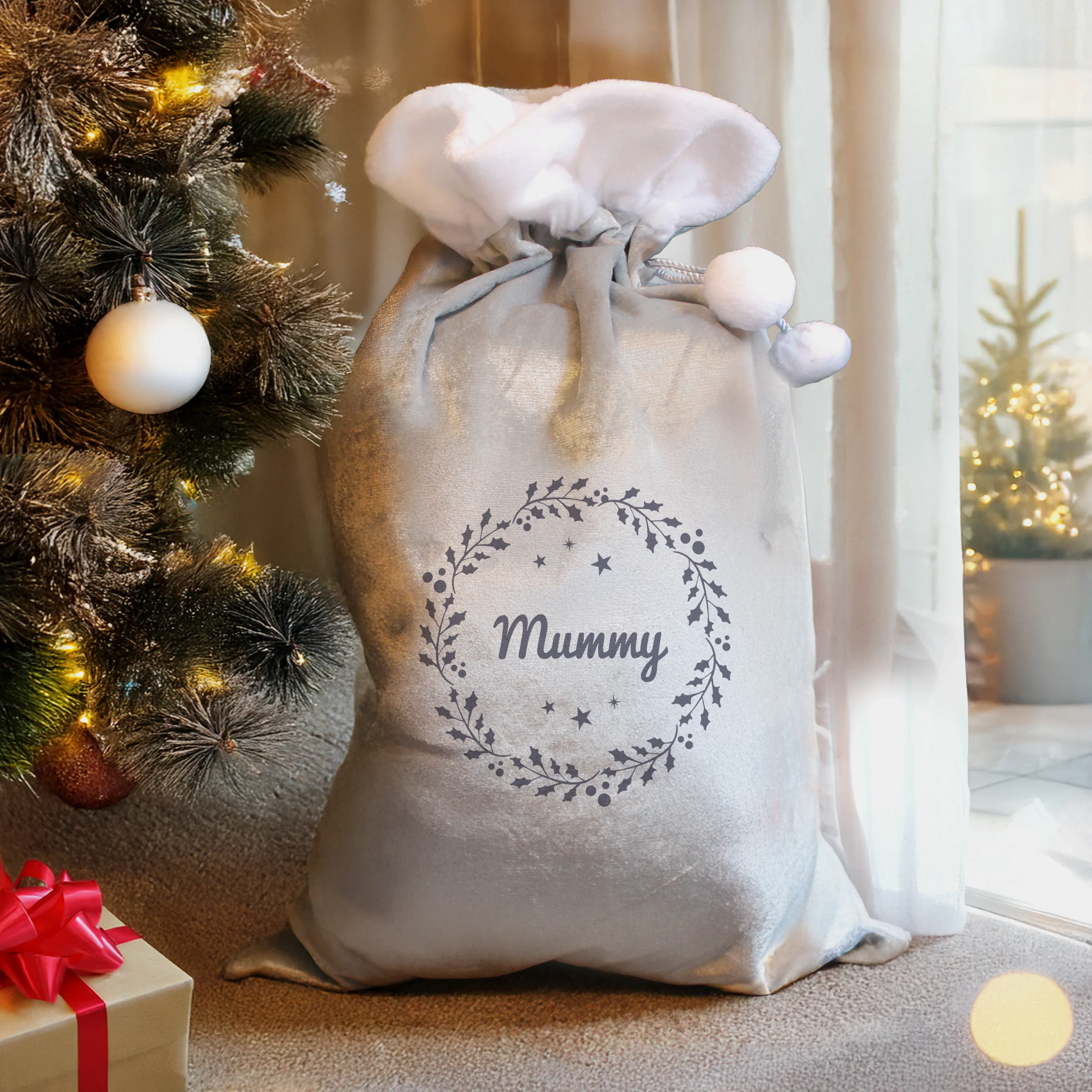 Personalised Holly Grey Christmas Sack - Image 2