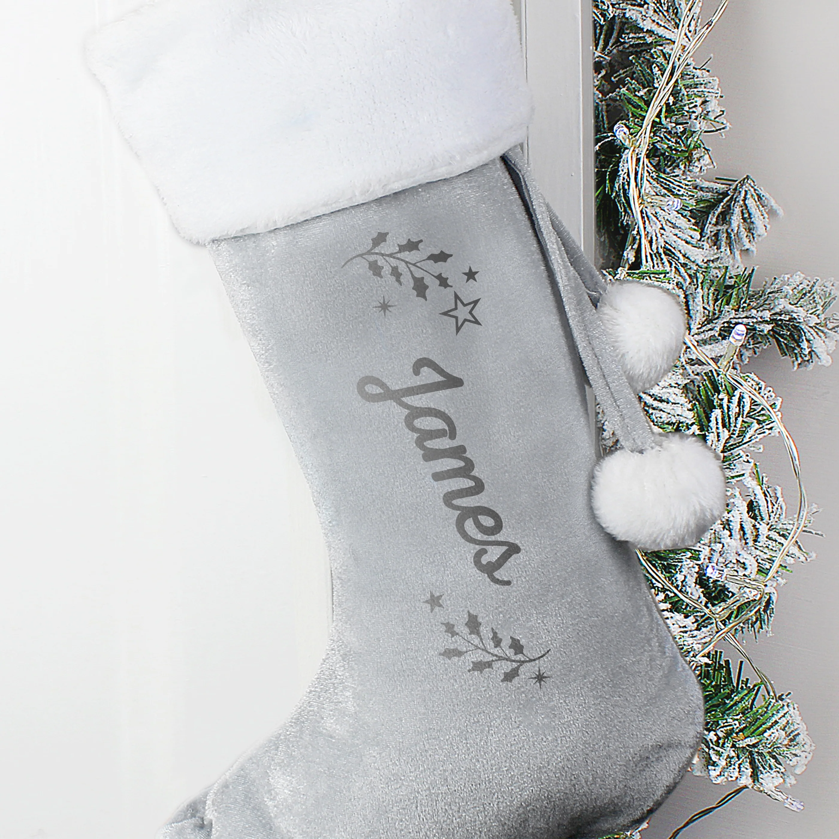 Personalised Holly Grey Christmas Stocking - Image 2