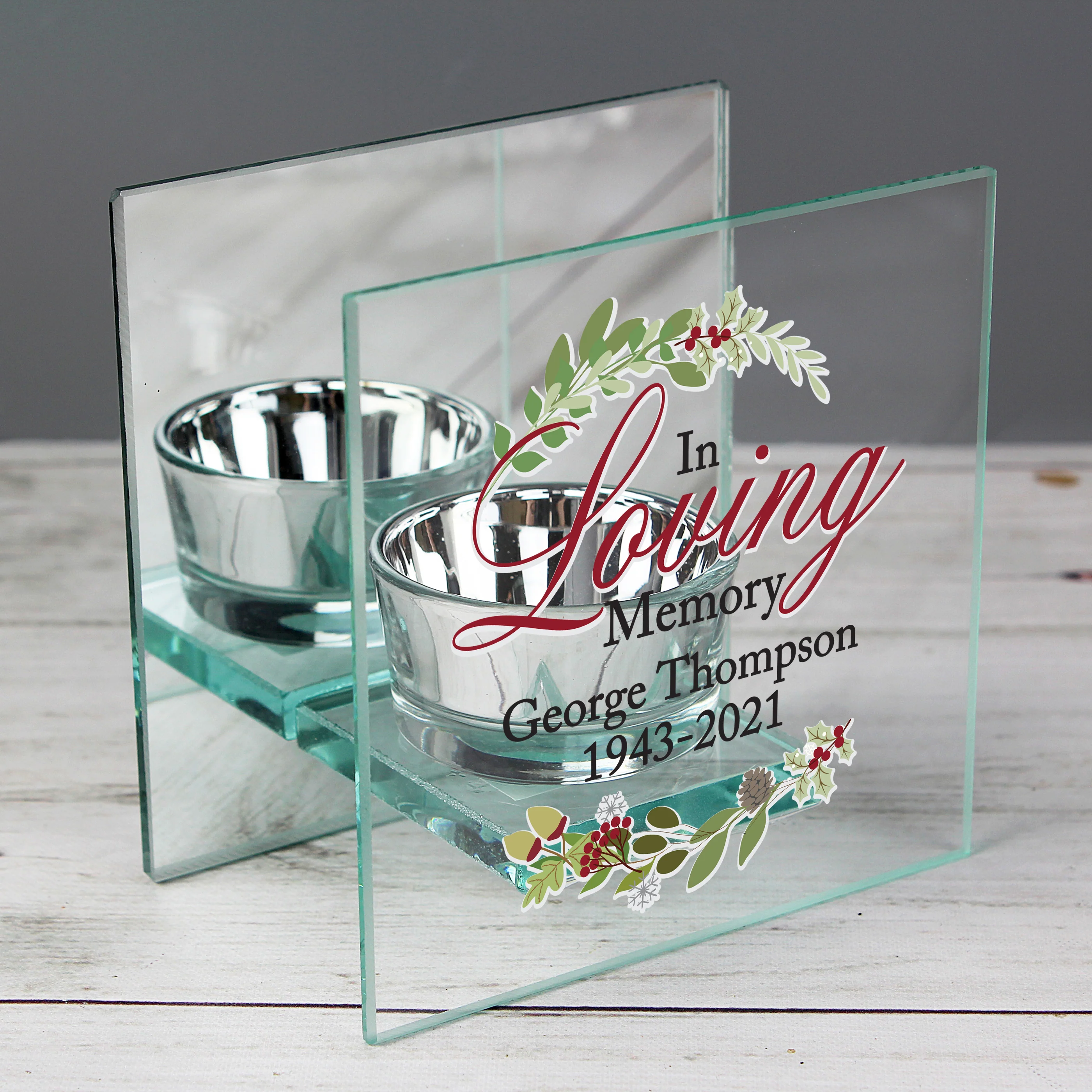 Personalised In Loving Memory Christmas Mirrored Glass Tea Light Candle Holder - Image 3