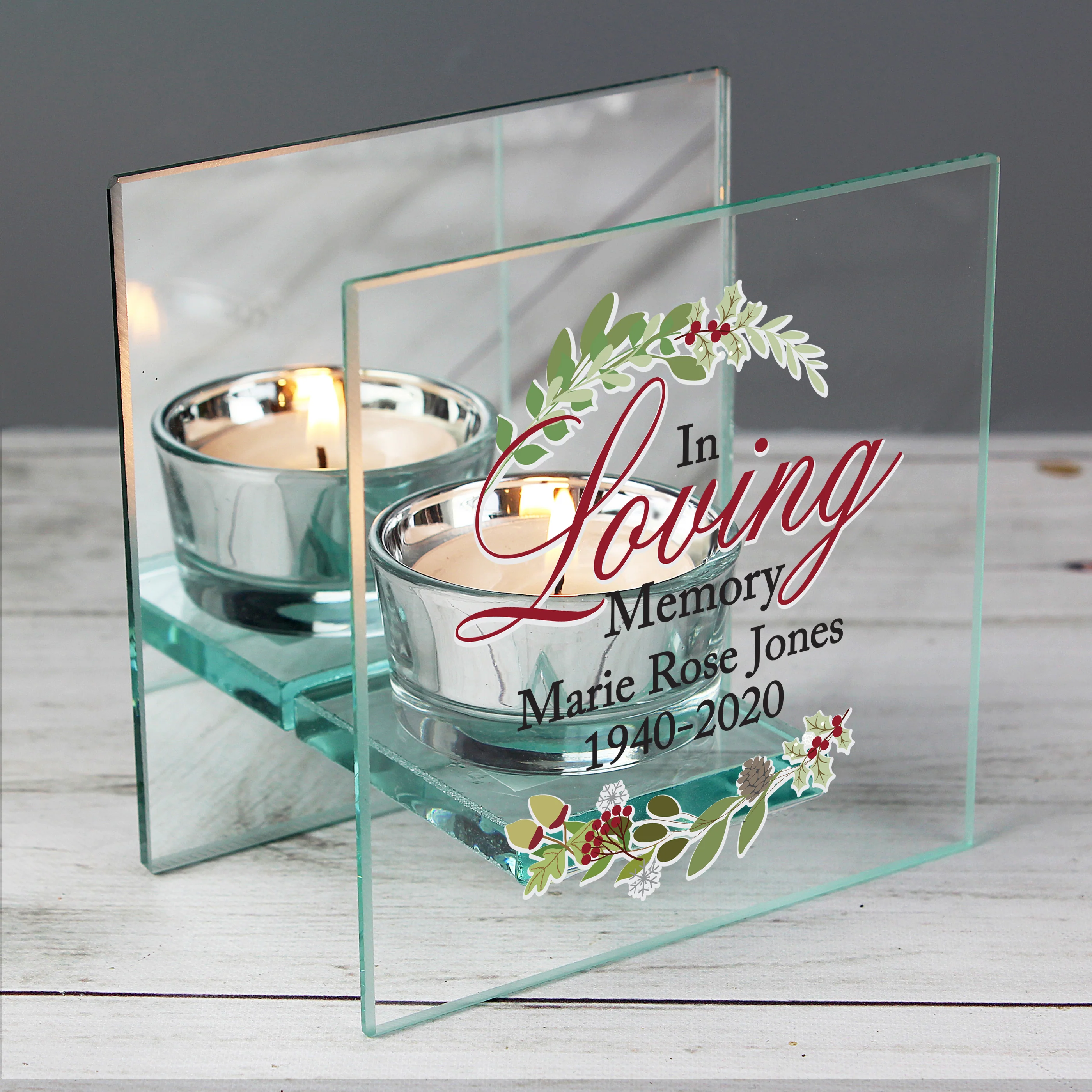 Personalised In Loving Memory Christmas Mirrored Glass Tea Light Candle Holder - Image 4