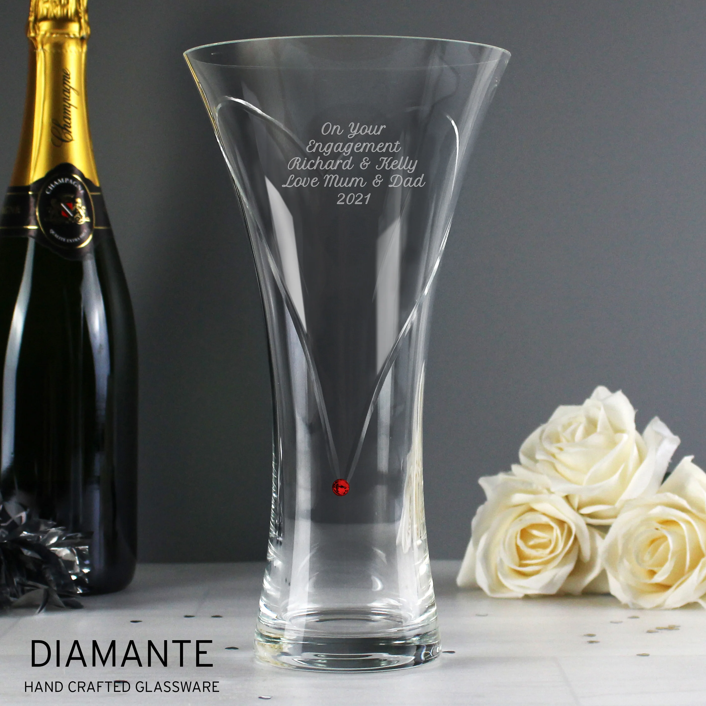 Personalised Large Hand Cut Ruby Diamante Heart Vase - Image 3