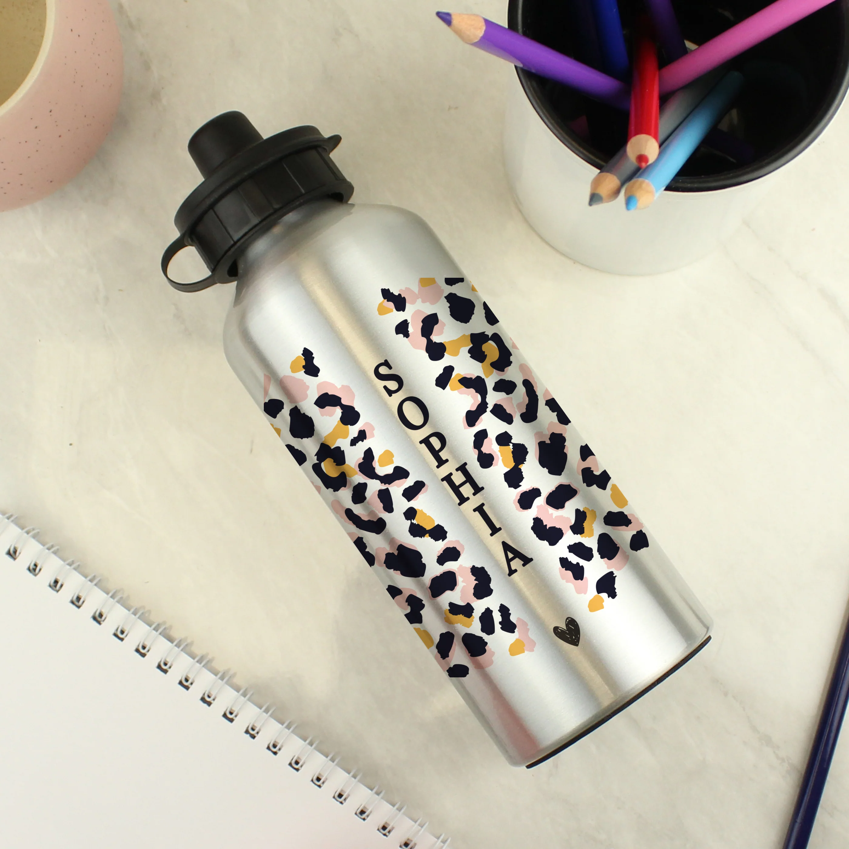 Personalised Leopard Print Silver Drinks Bottle - Image 3