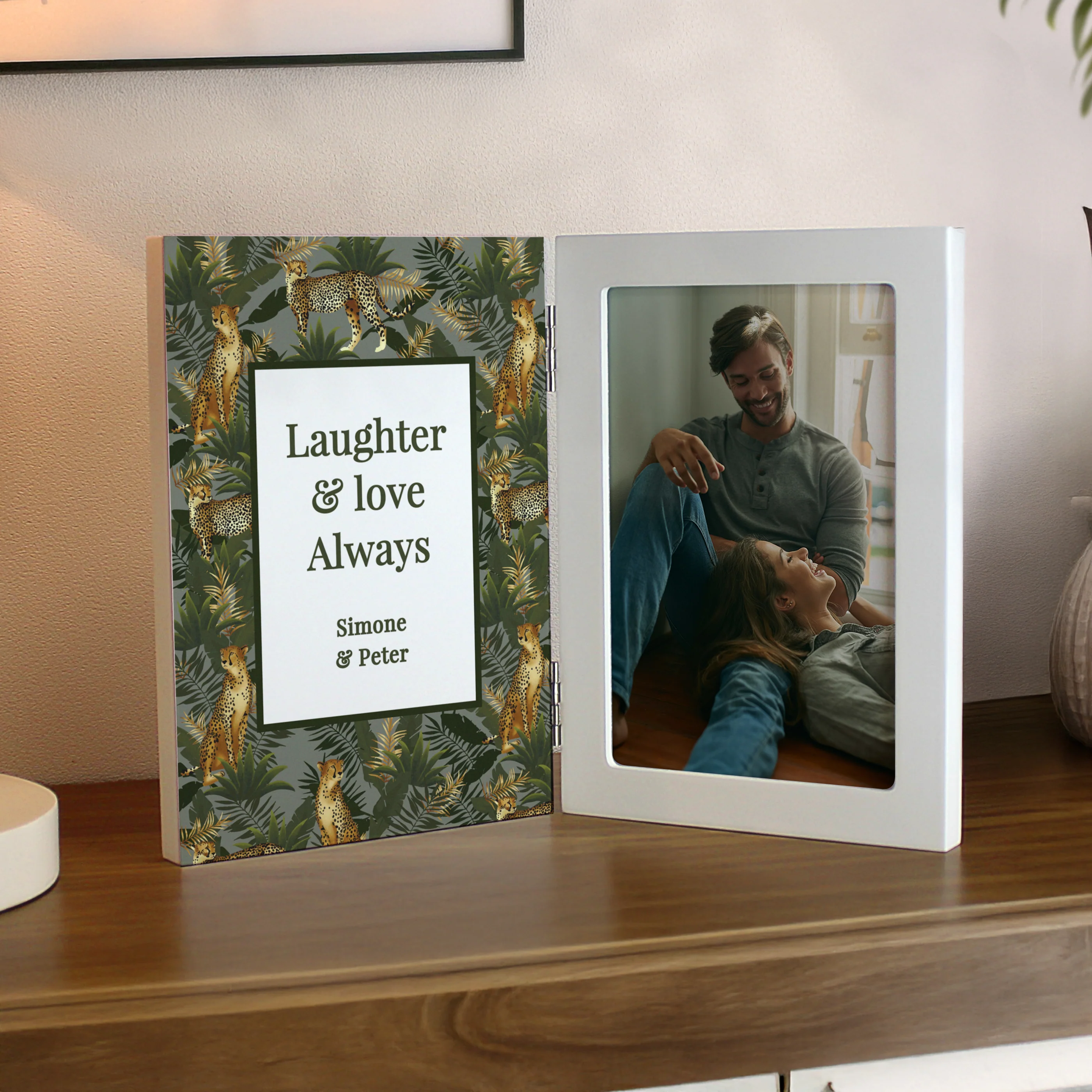 Personalised Leopard Print Wooden Hinged 6x4 Photo Frame - Image 2