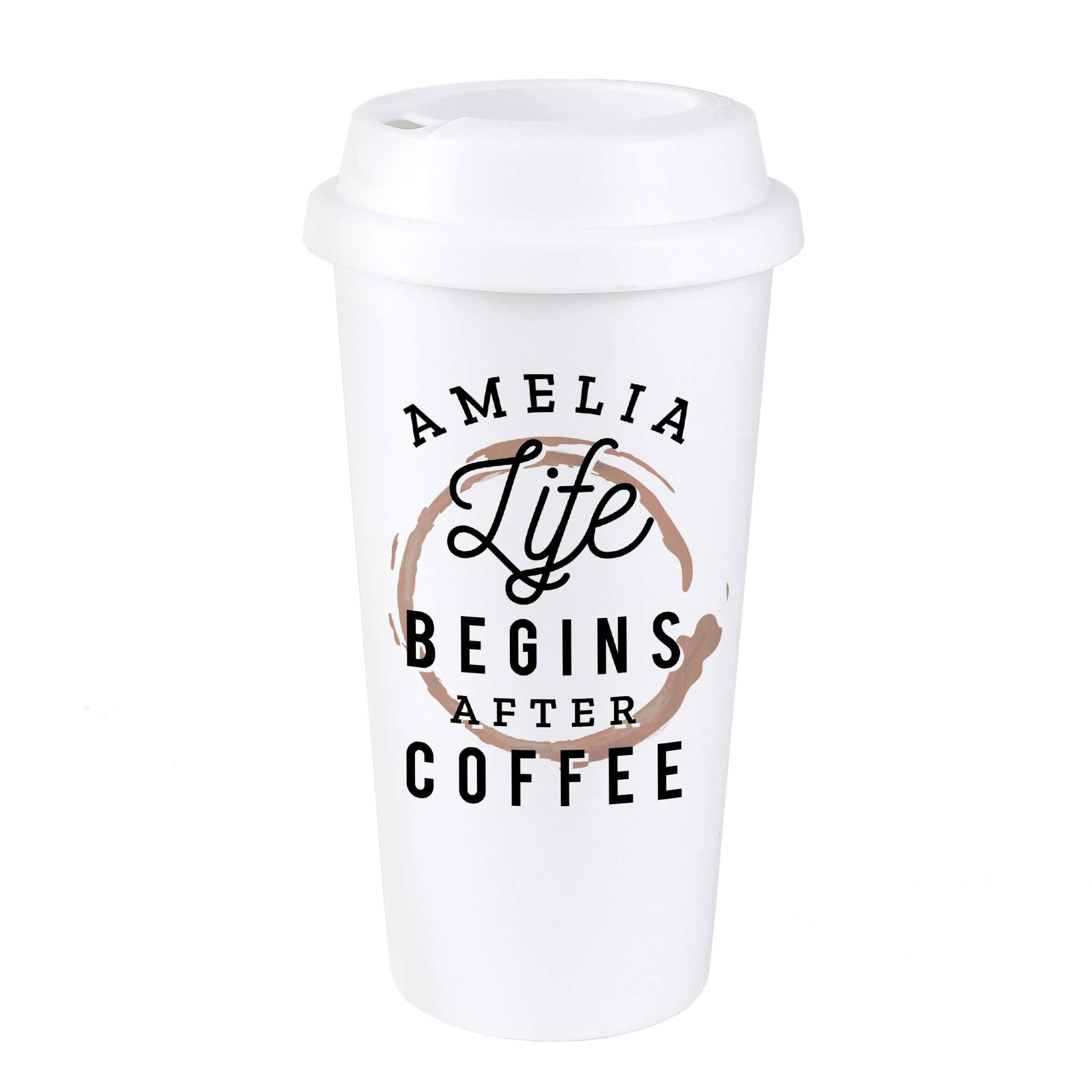 Personalised 'Life Begins After Coffee' Insulated Reusable Eco Travel Cup - Image 2