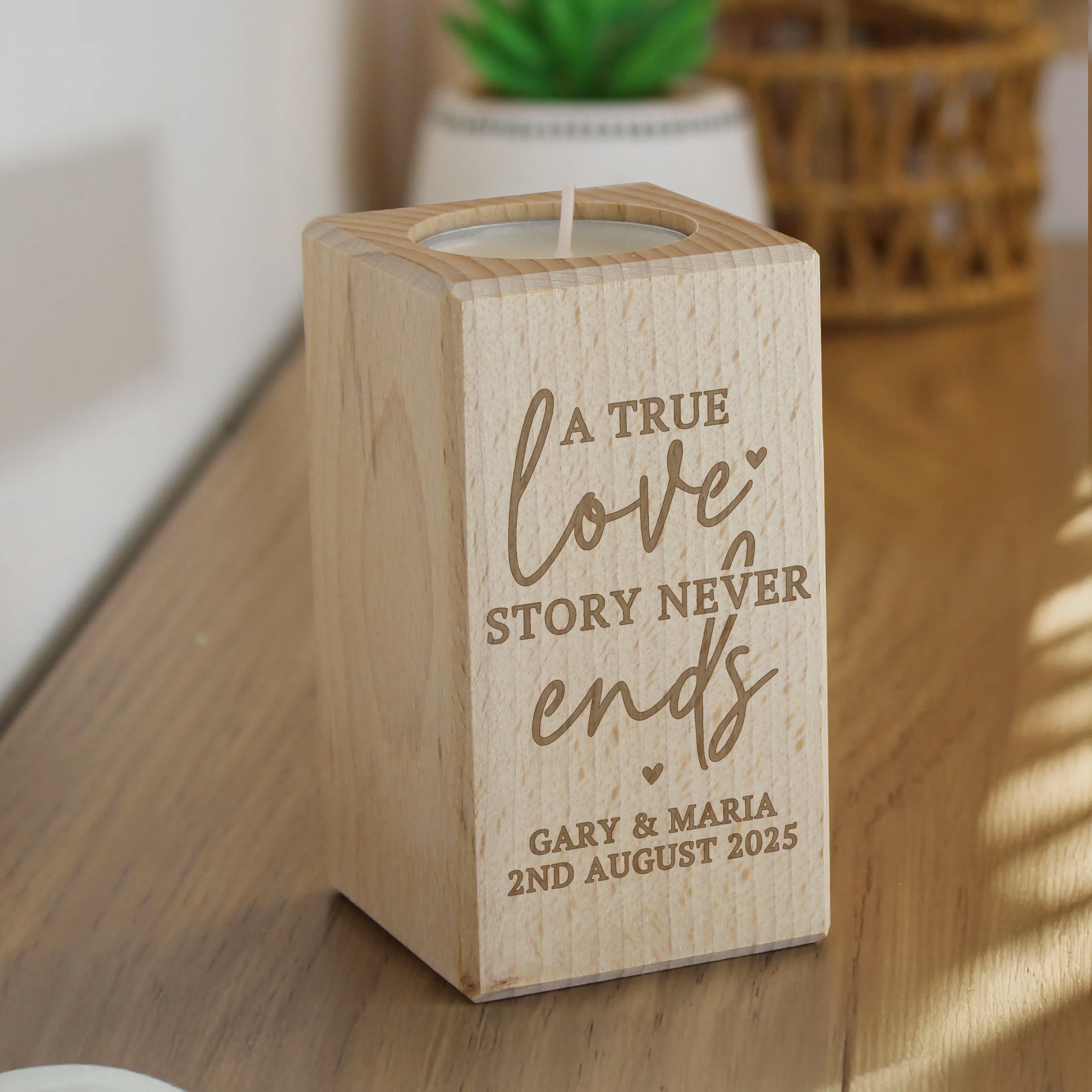 Personalised Love Story Wooden Tealight Holder