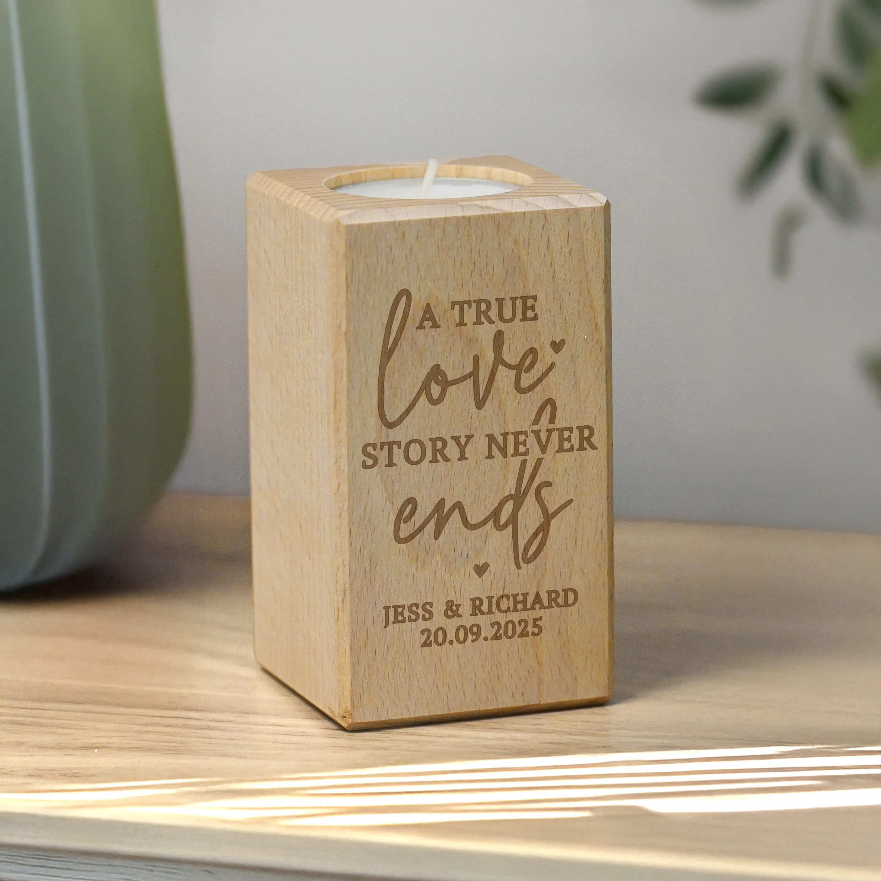 Personalised Love Story Wooden Tealight Holder - Image 3