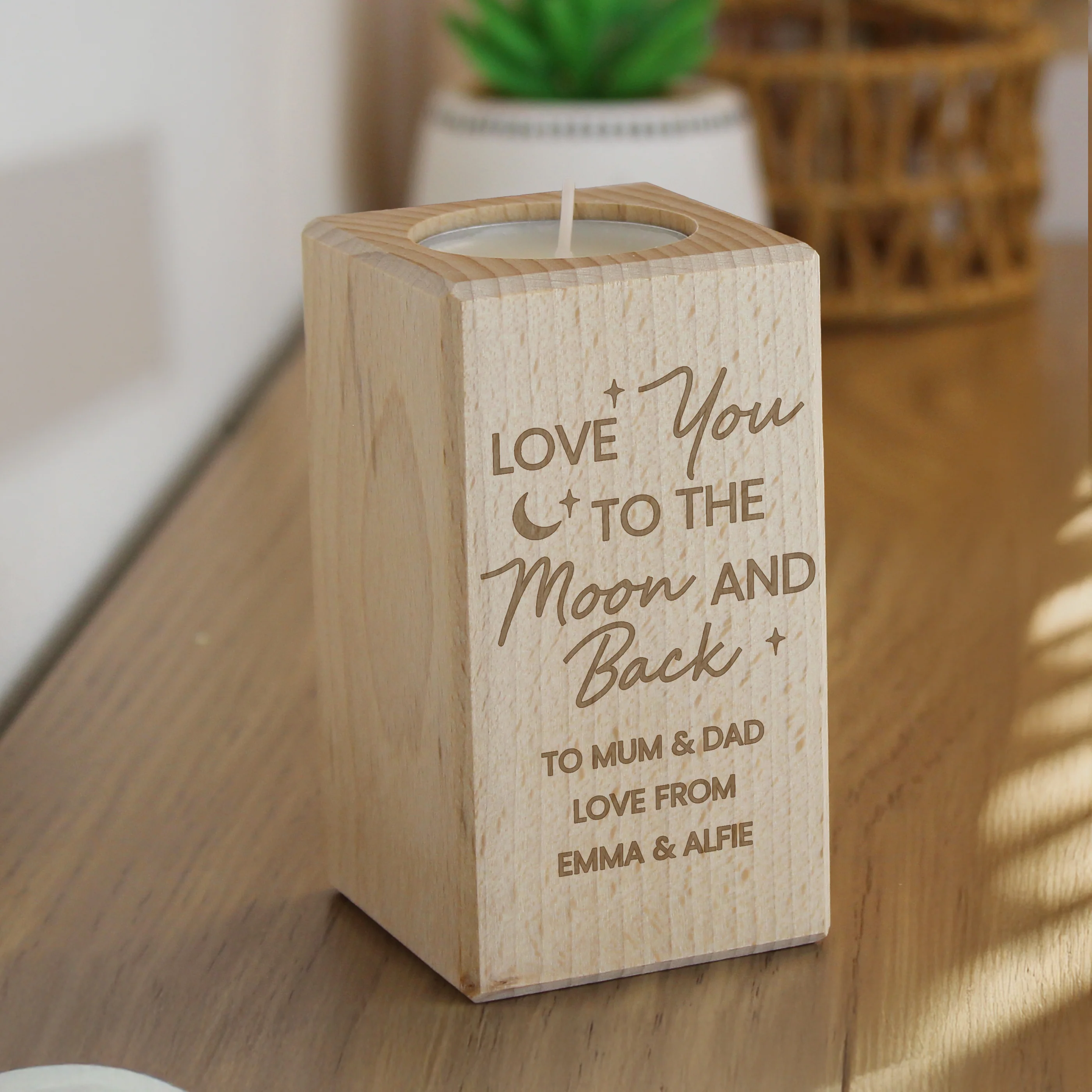 Personalised Love You To The Moon Wooden Tealight Holder