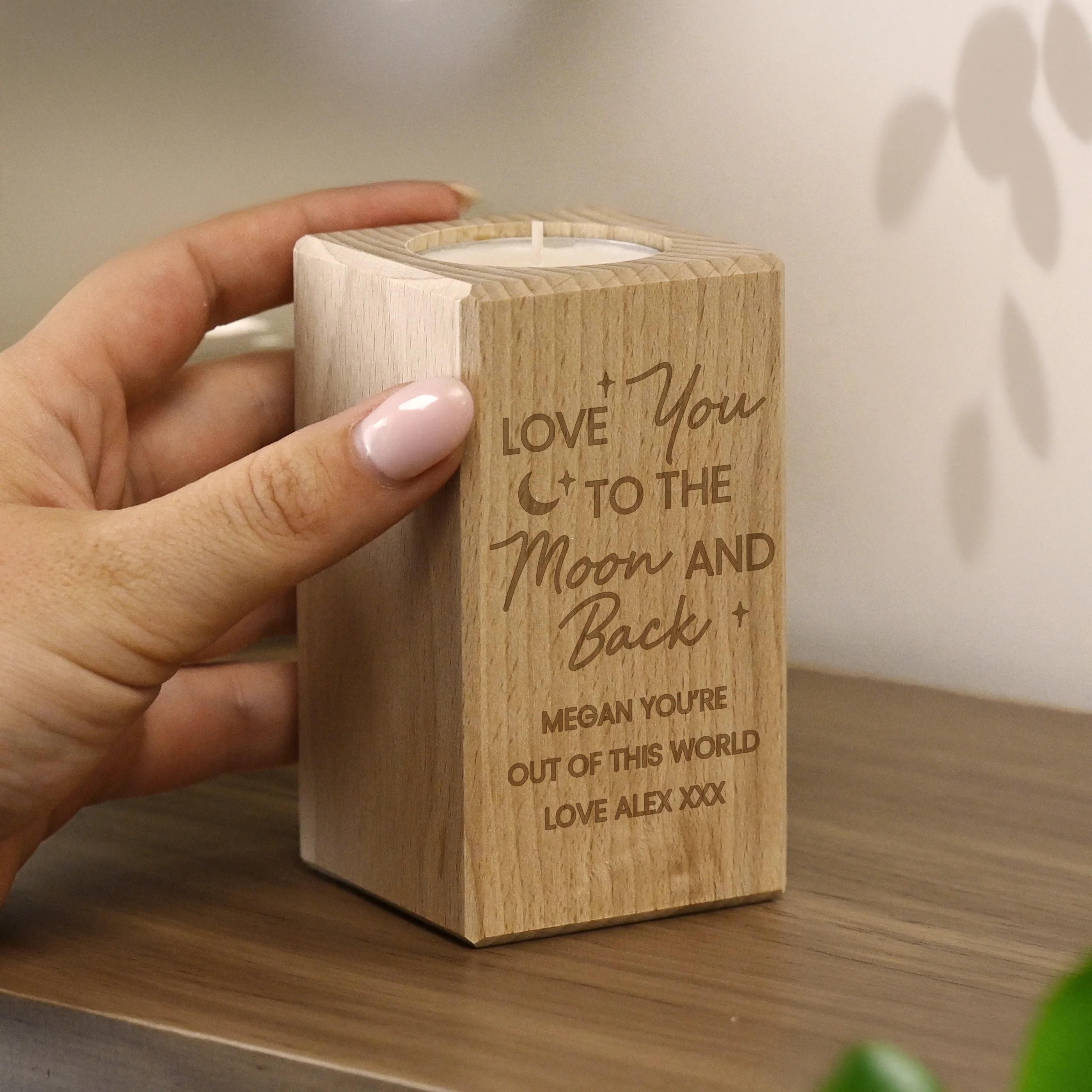 Personalised Love You To The Moon Wooden Tealight Holder - Image 2