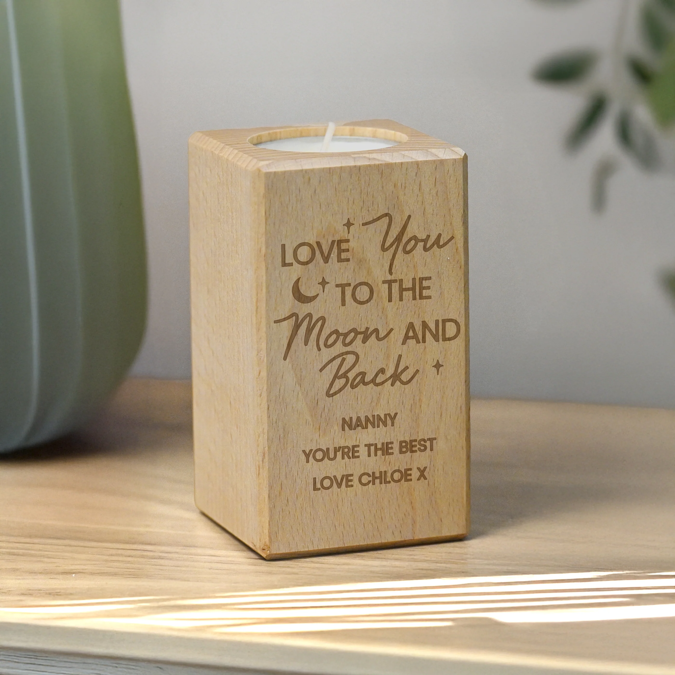 Personalised Love You To The Moon Wooden Tealight Holder - Image 3