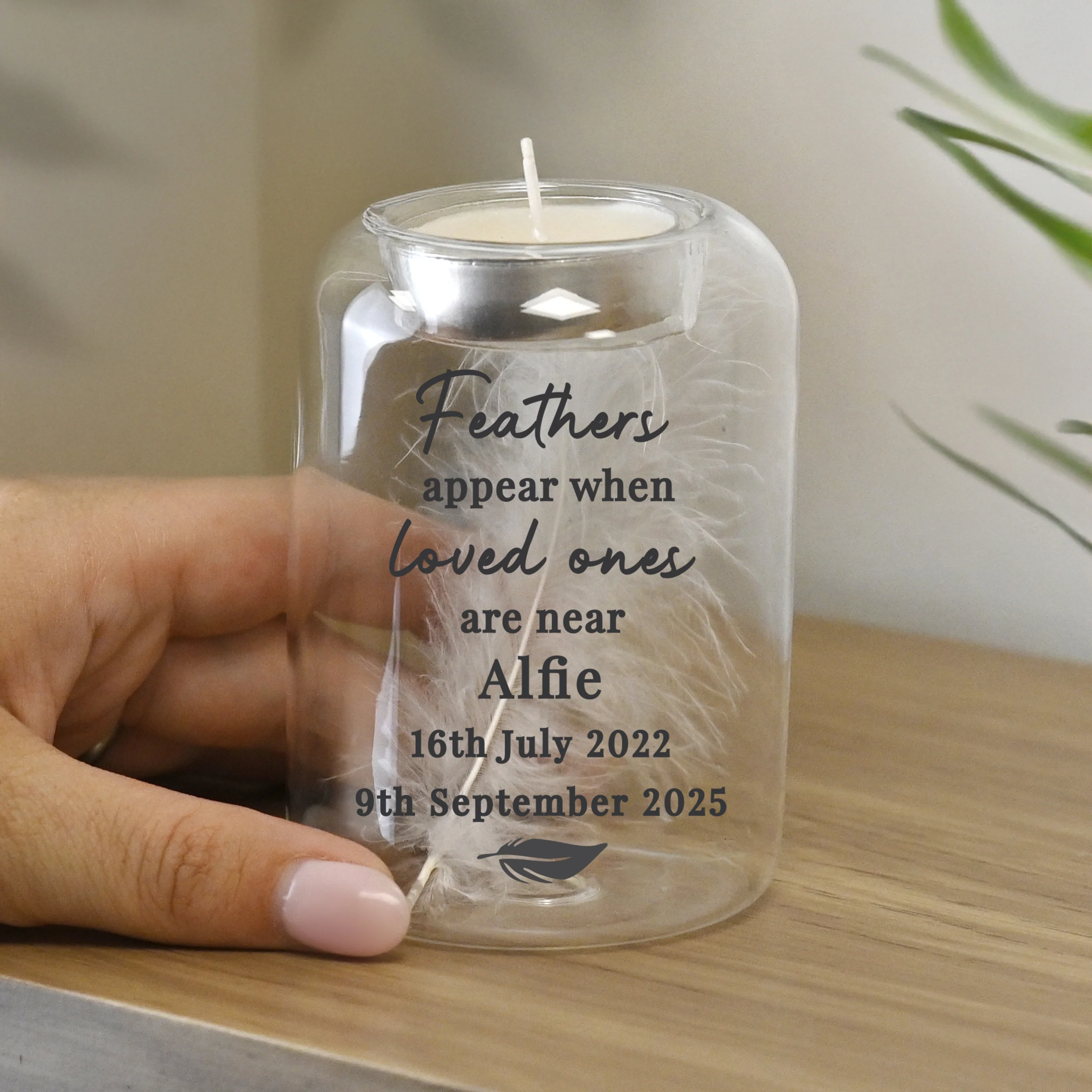 Personalised Loved Ones Memorial Feather Tealight Holder - Image 3