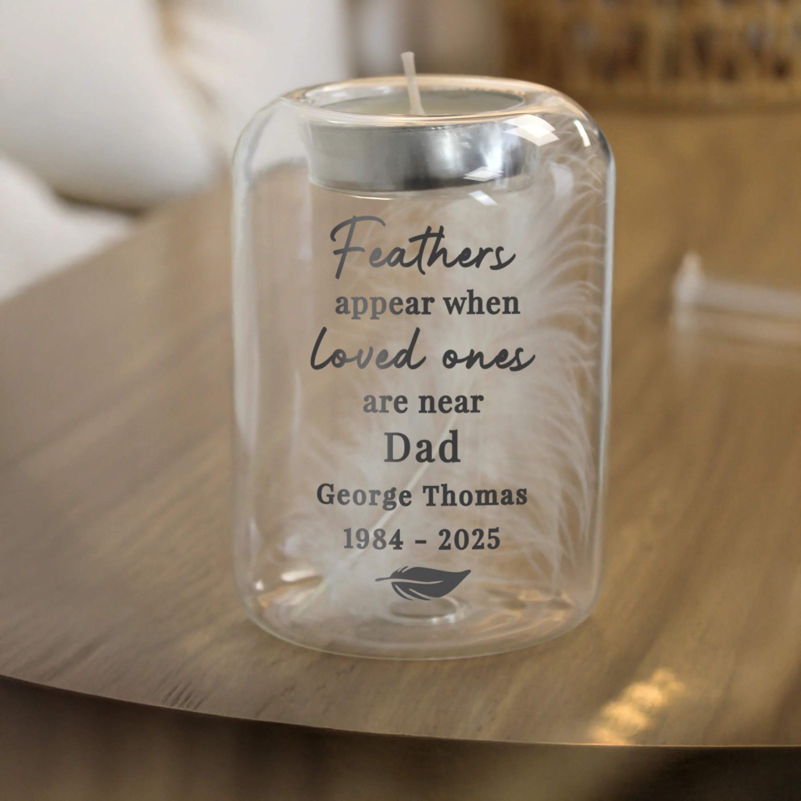Personalised Loved Ones Memorial Feather Tealight Holder - Image 4