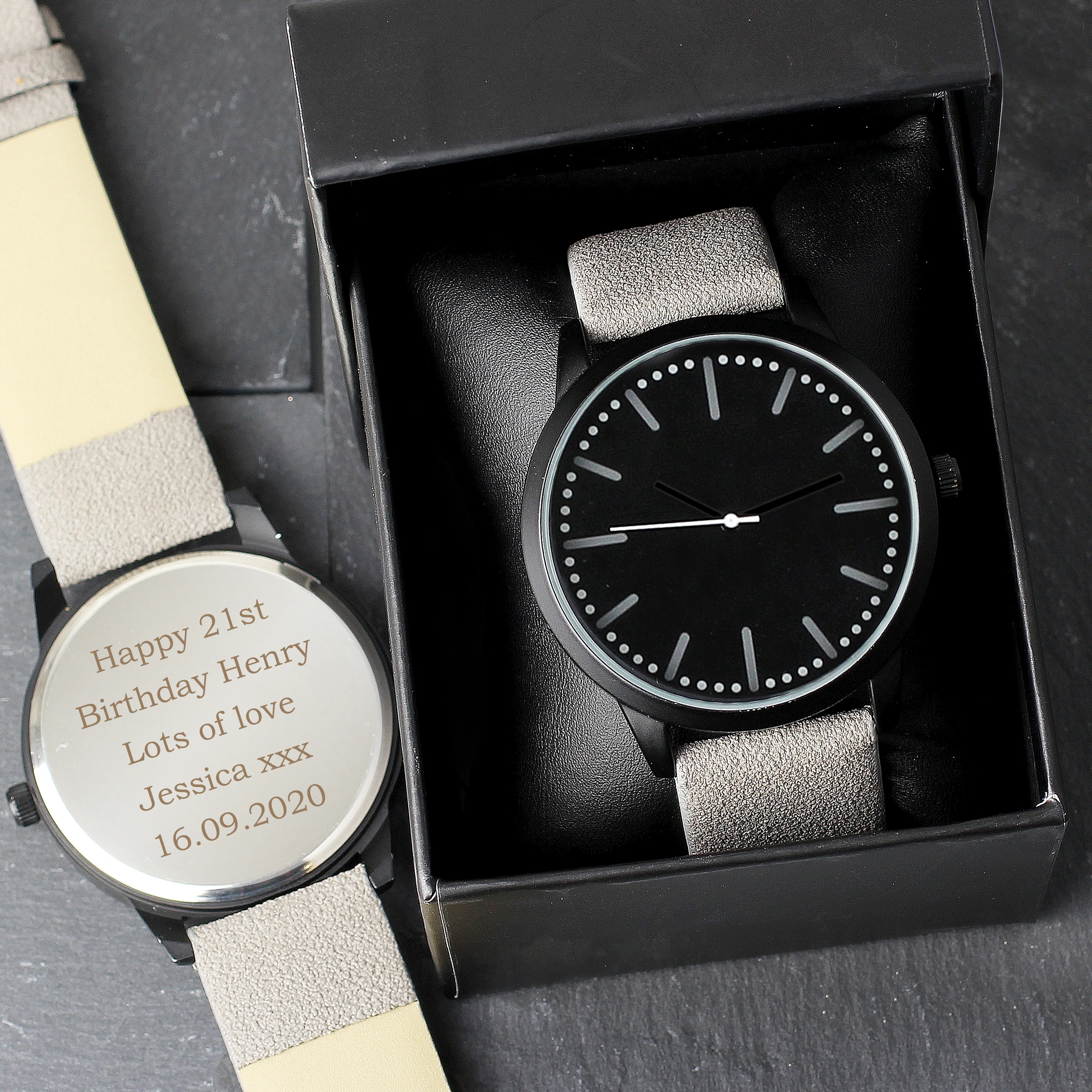 Personalised Mens Matte Black Watch with Grey Strap and Presentation Box - Image 3