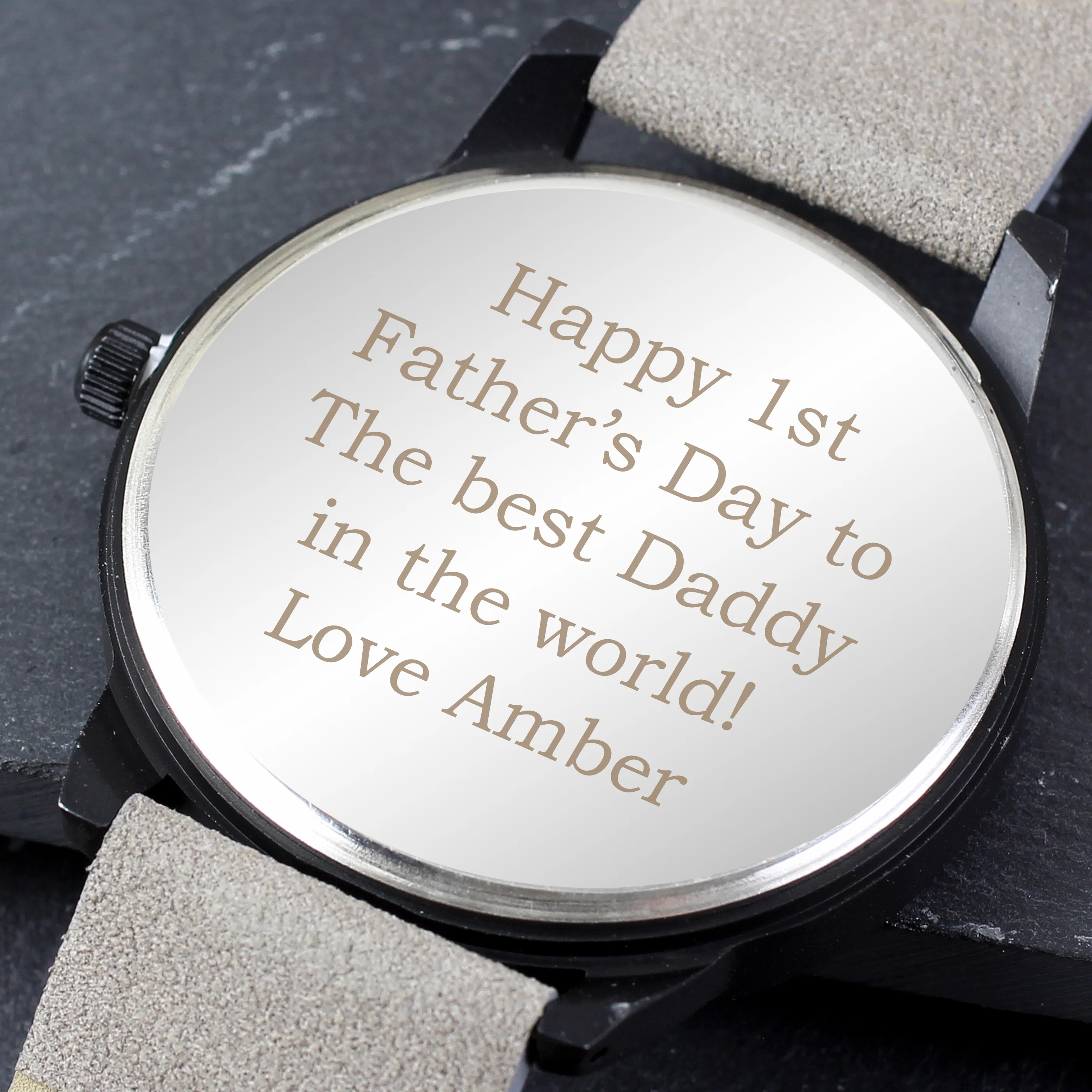 Personalised Mens Matte Black Watch with Grey Strap and Presentation Box - Image 5