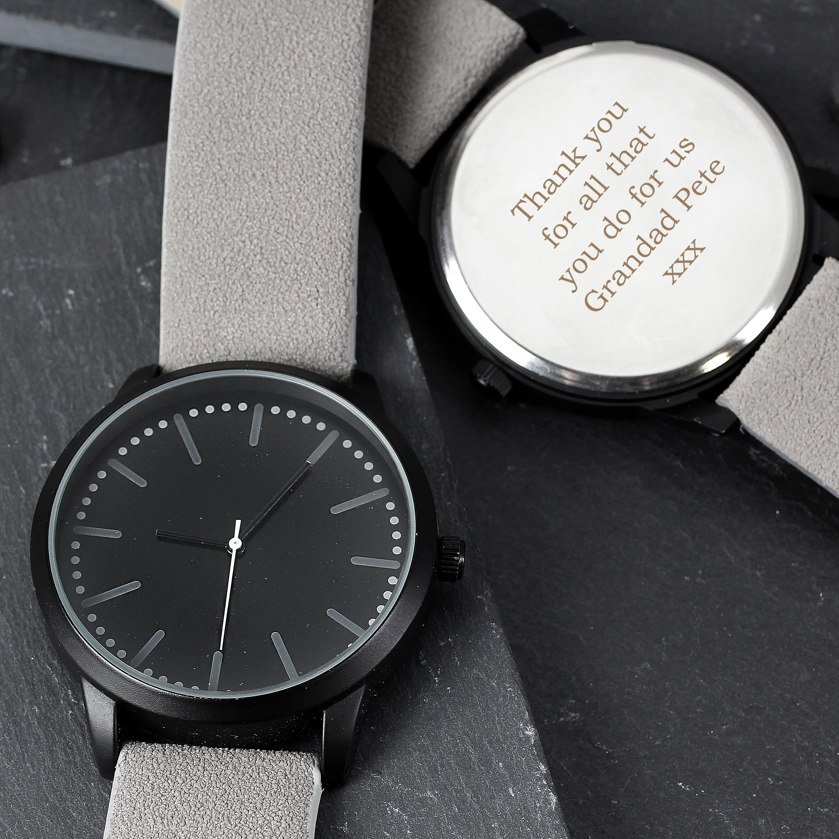 Personalised Mens Matte Black Watch with Grey Strap and Presentation Box - Image 8