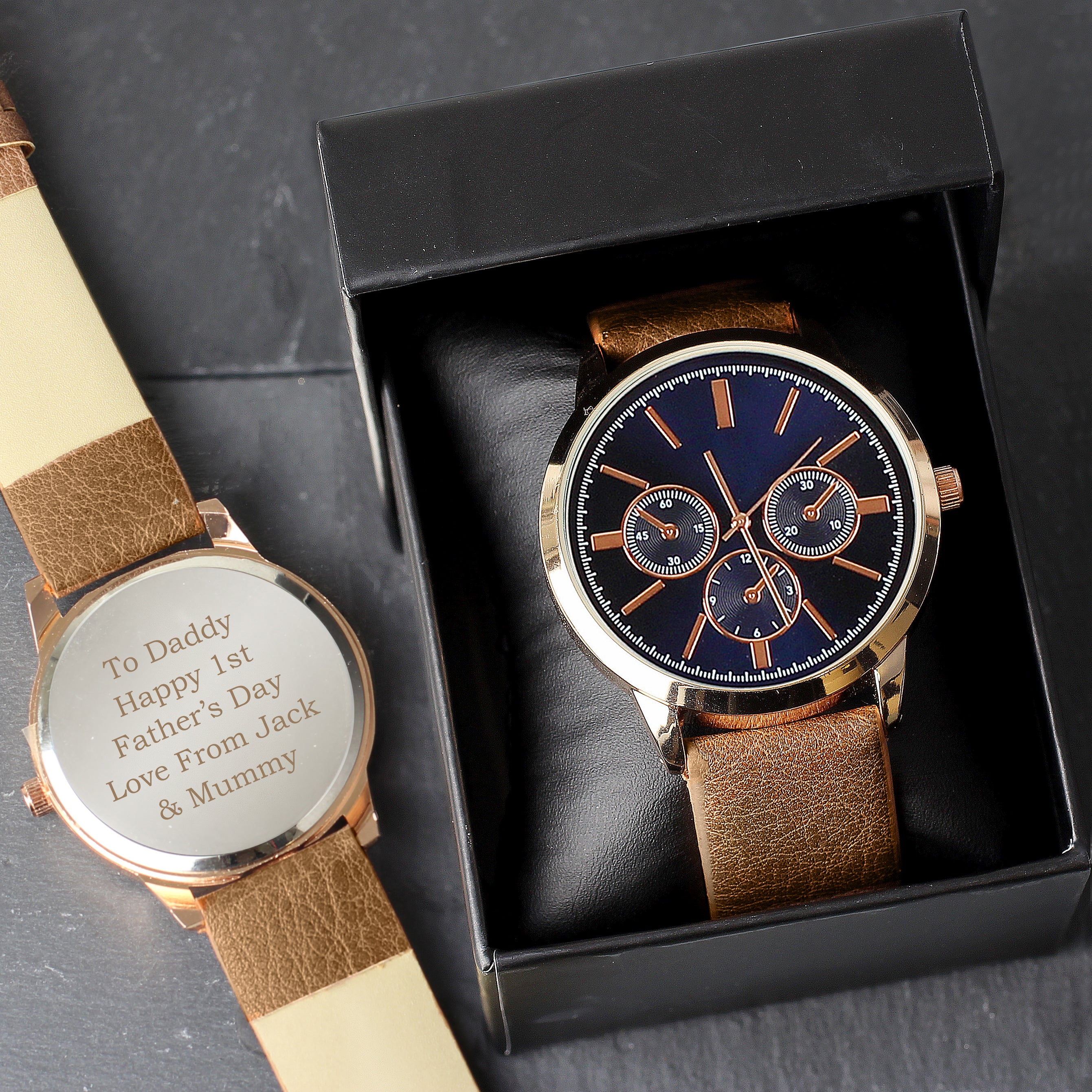 Personalised Mens Rose Gold Tone Watch with Brown Strap and Presentation Box - Image 3