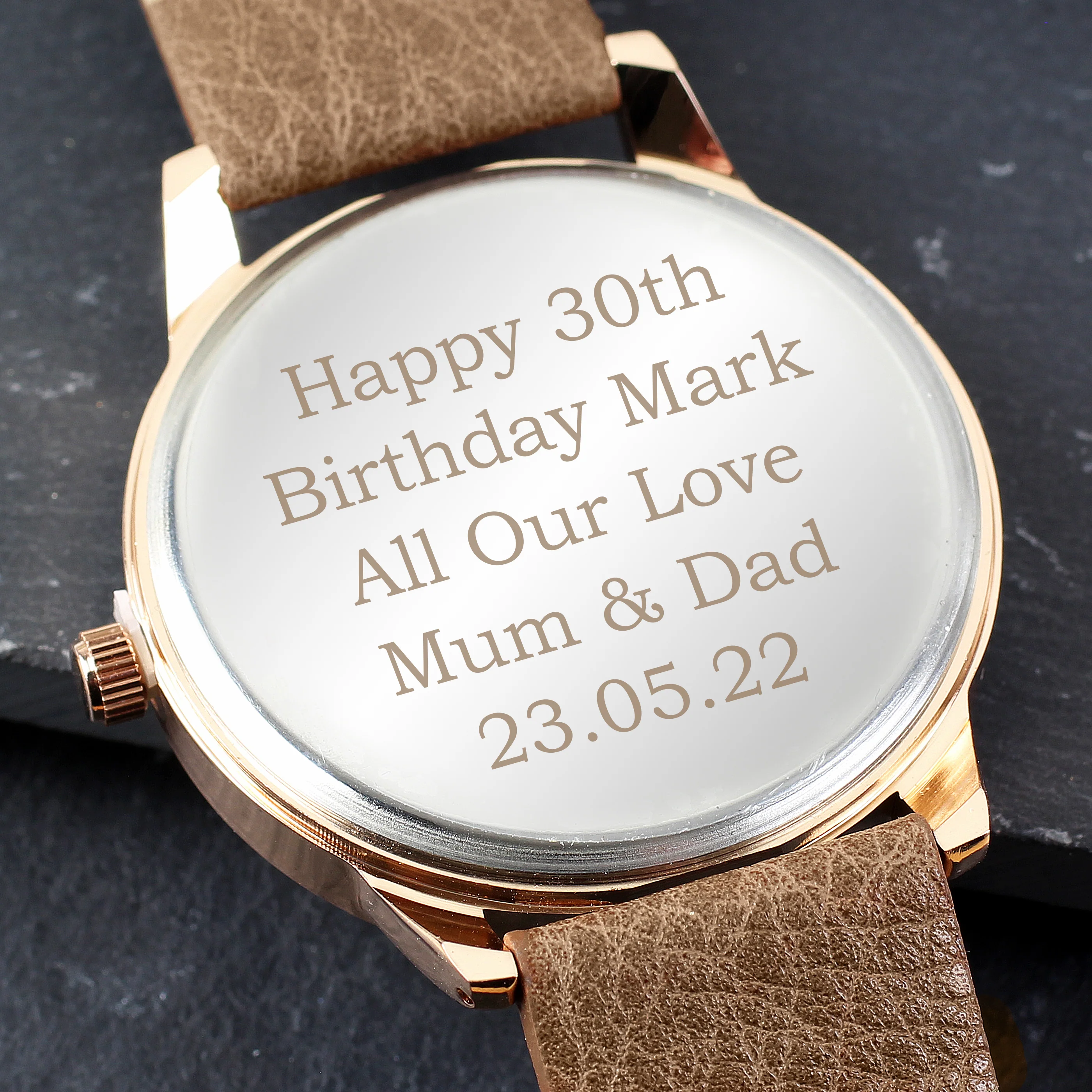 Personalised Mens Rose Gold Tone Watch with Brown Strap and Presentation Box - Image 4