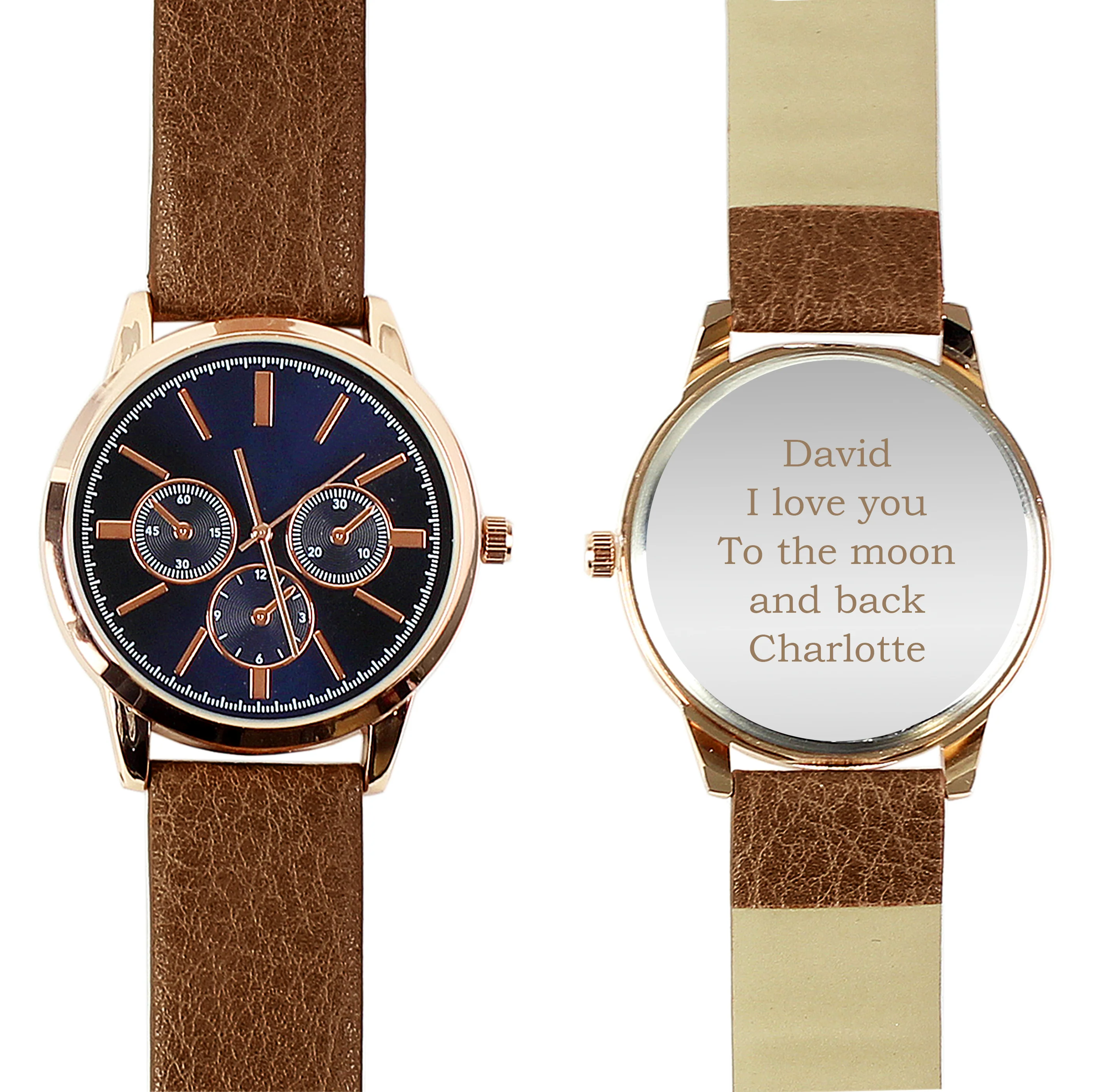 Personalised Mens Rose Gold Tone Watch with Brown Strap and Presentation Box - Image 6
