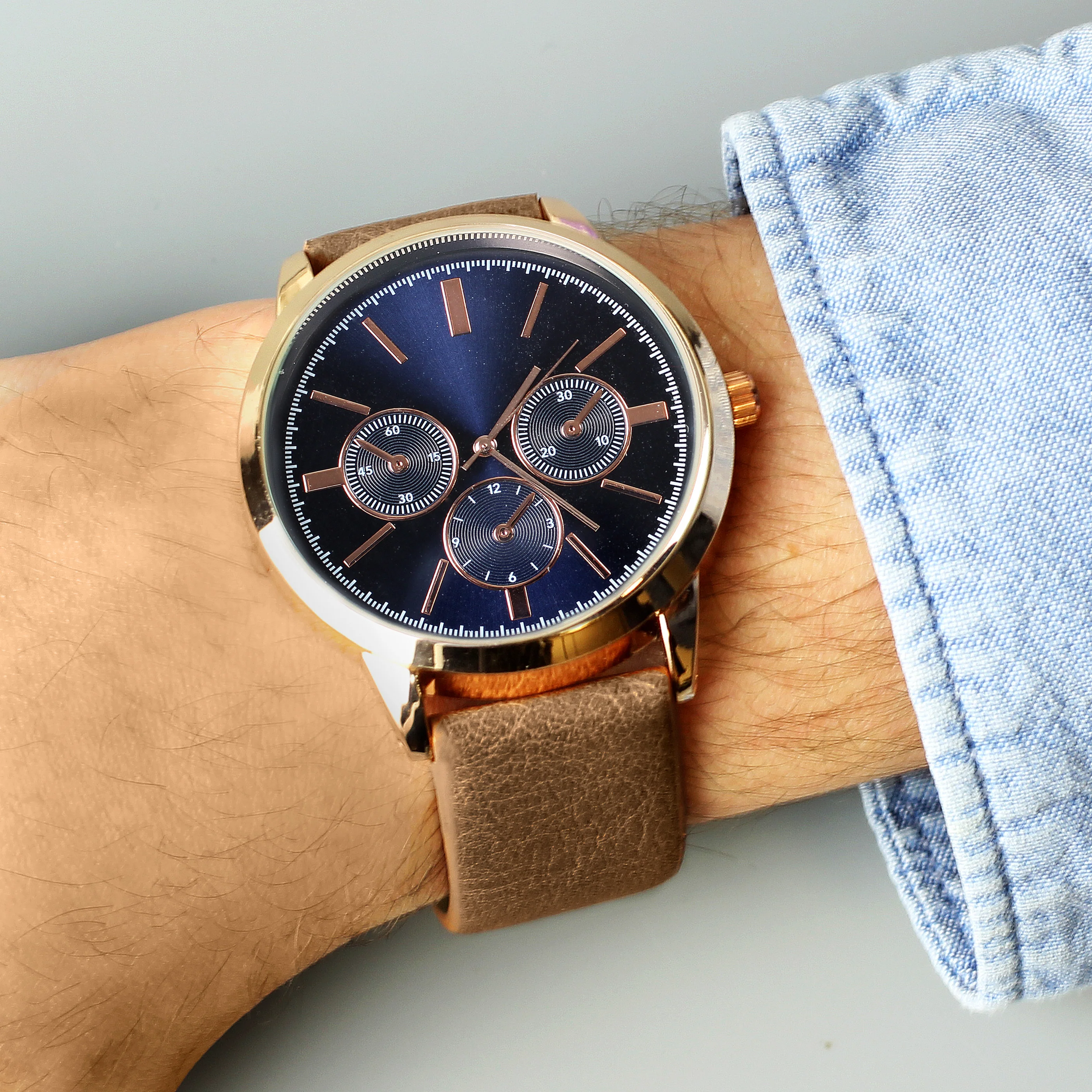 Personalised Mens Rose Gold Tone Watch with Brown Strap and Presentation Box - Image 7