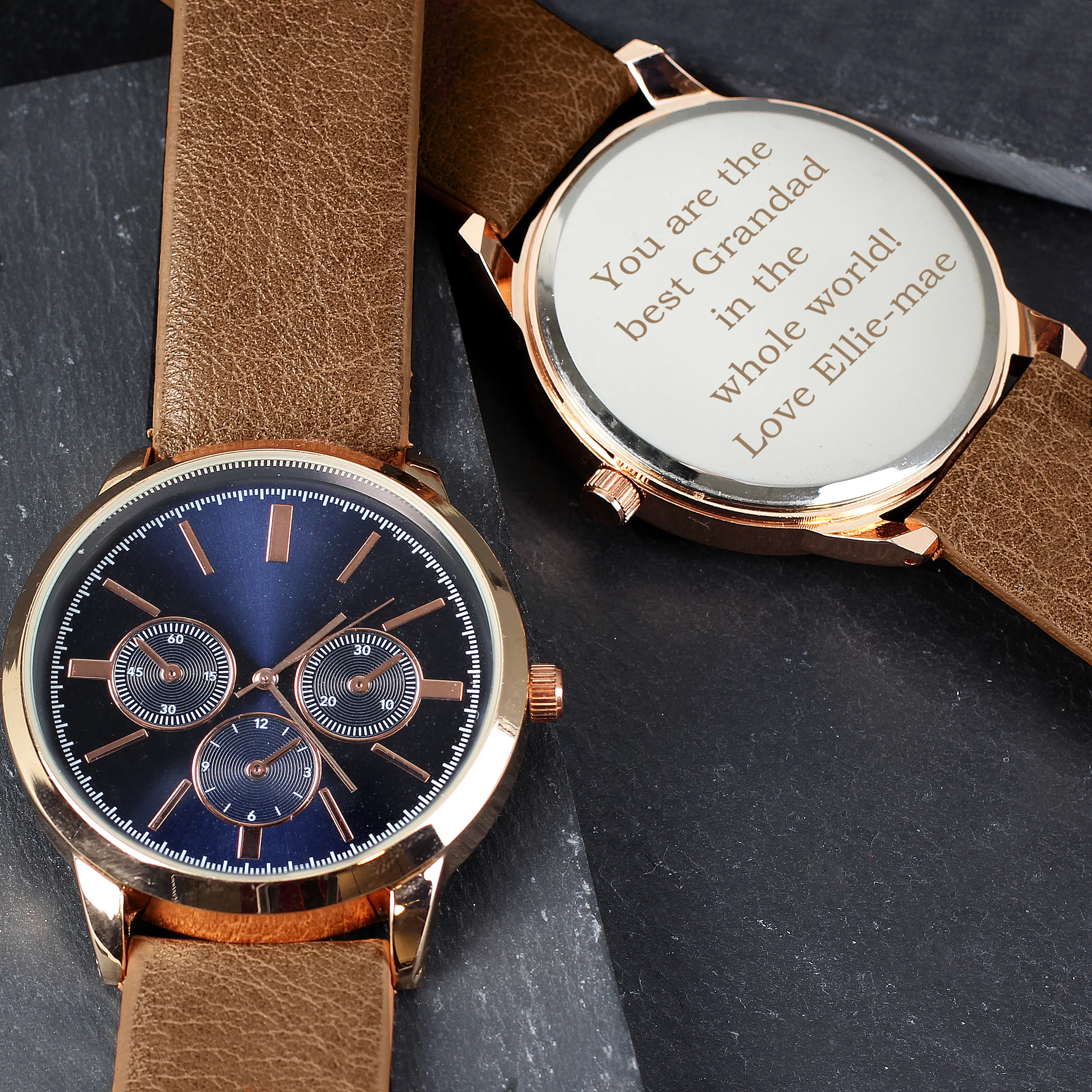 Personalised Mens Rose Gold Tone Watch with Brown Strap and Presentation Box - Image 8