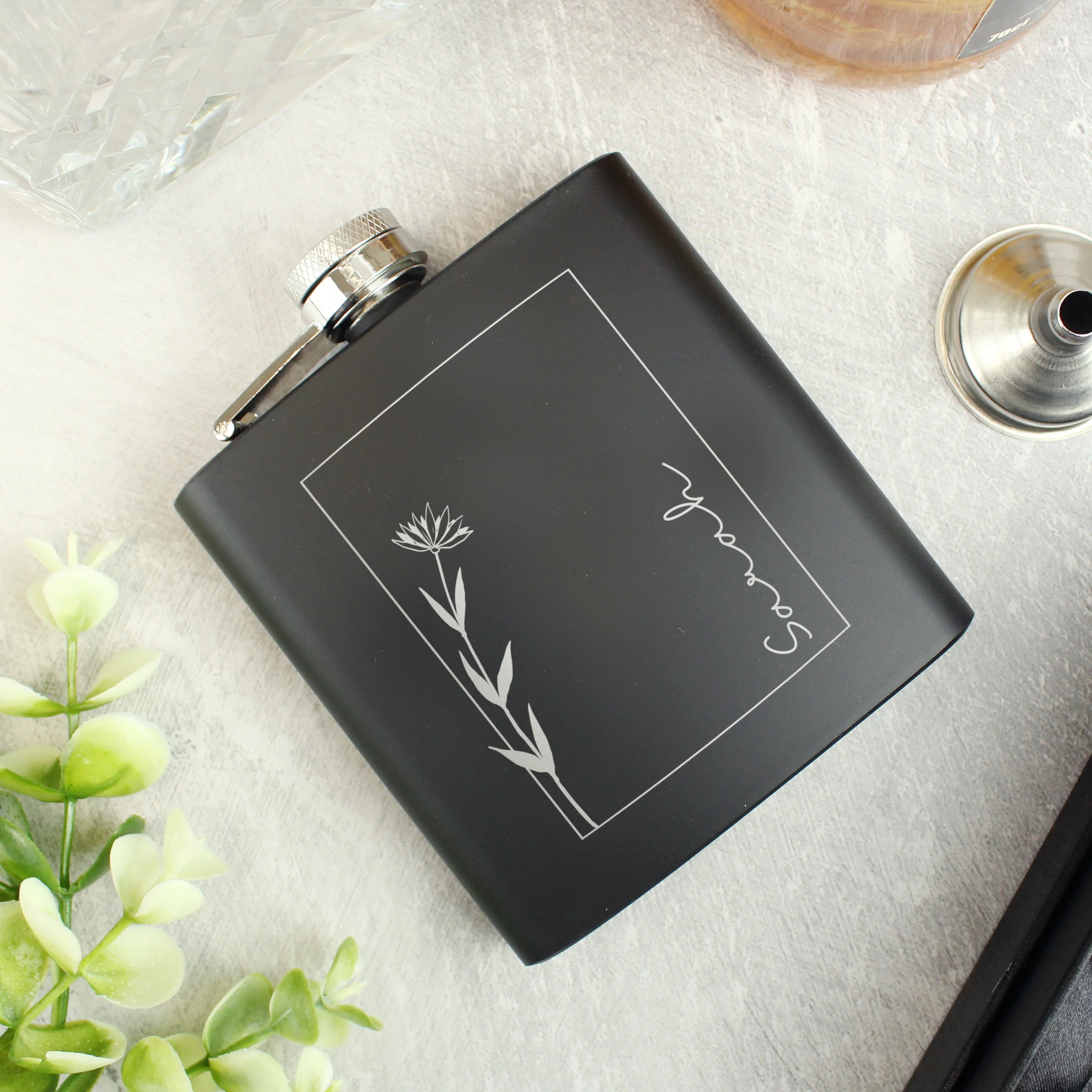 Personalised Monochrome Floral Name Black Hip Flask - Image 2