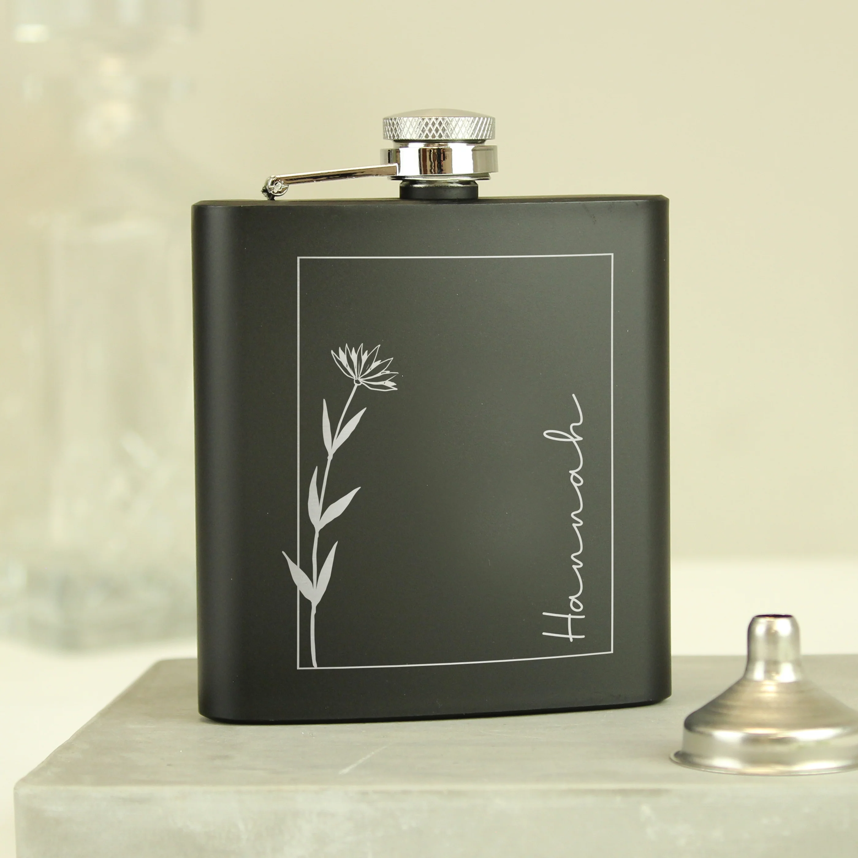 Personalised Monochrome Floral Name Black Hip Flask - Image 3