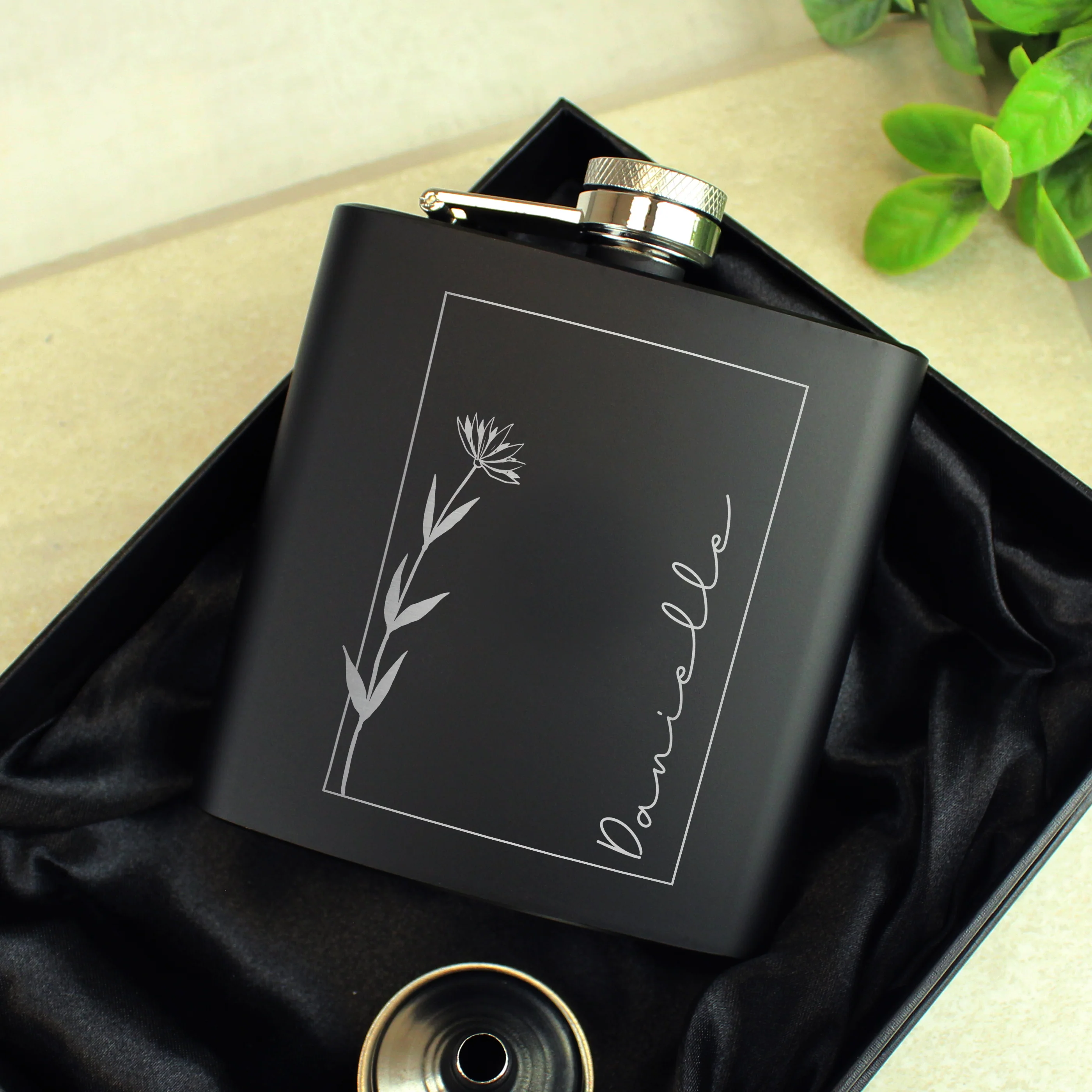 Personalised Monochrome Floral Name Black Hip Flask - Image 4